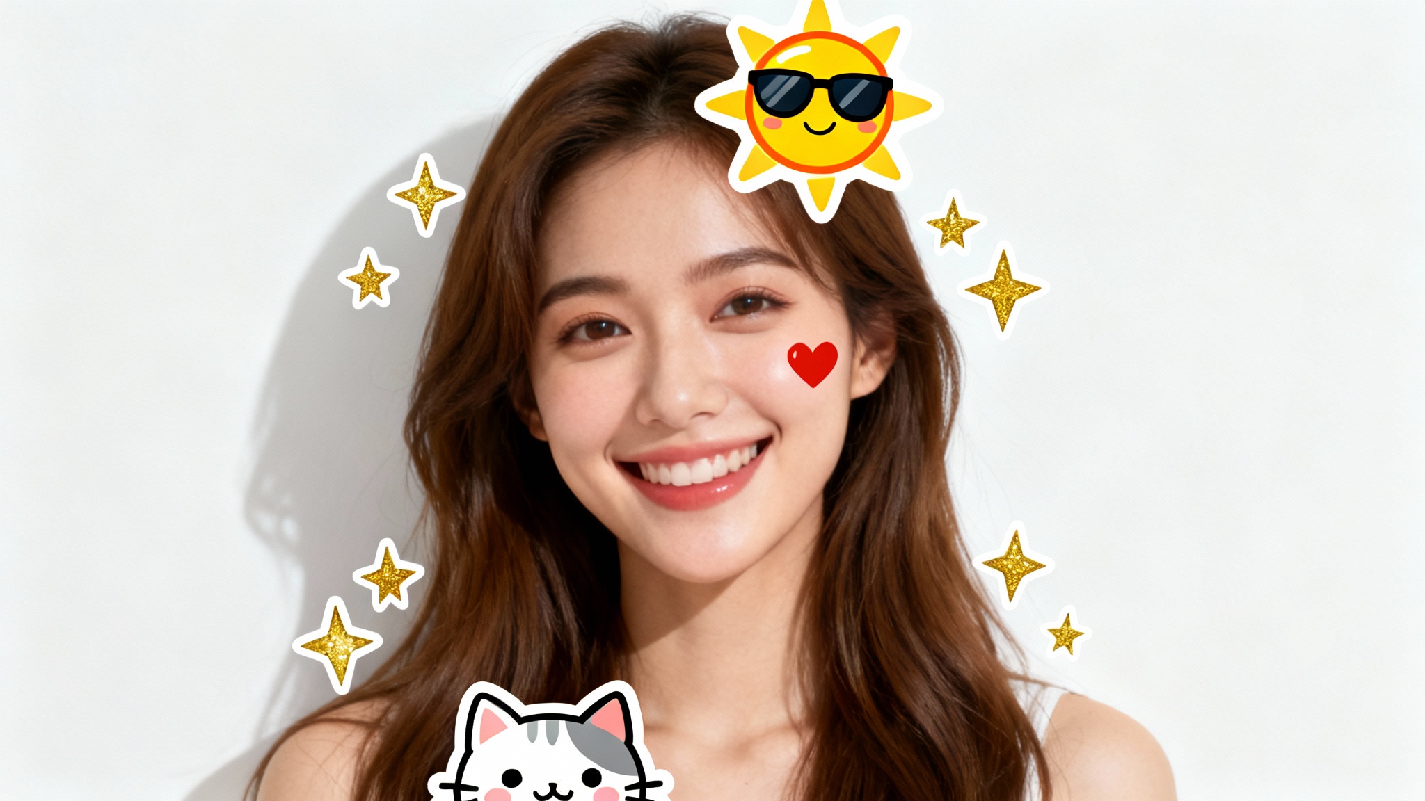 A photograph of a smiling woman, which has been decorated with fun and colorful cartoon stickers of a sun, stars, a heart, and a cat.