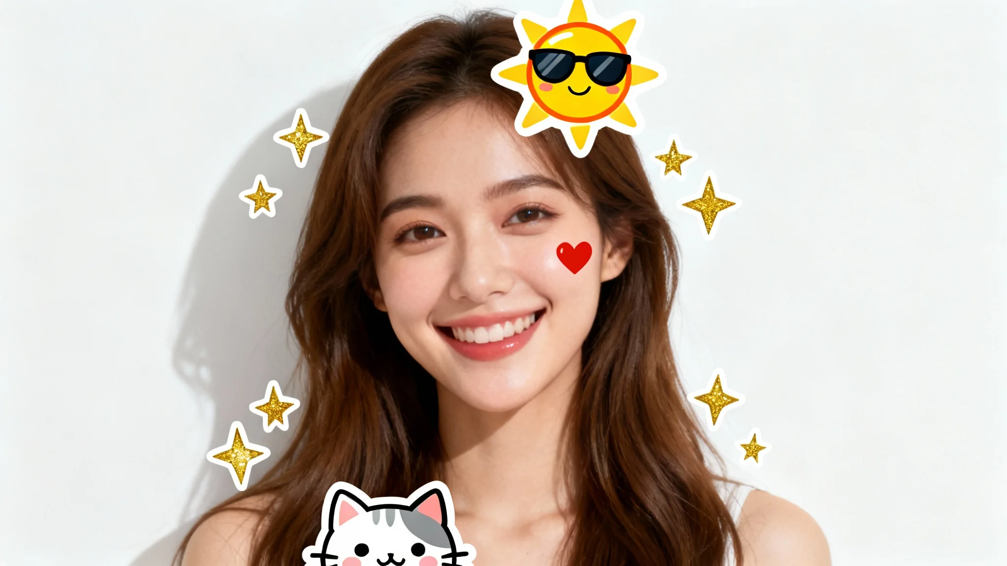A photograph of a smiling woman, which has been decorated with fun and colorful cartoon stickers of a sun, stars, a heart, and a cat.