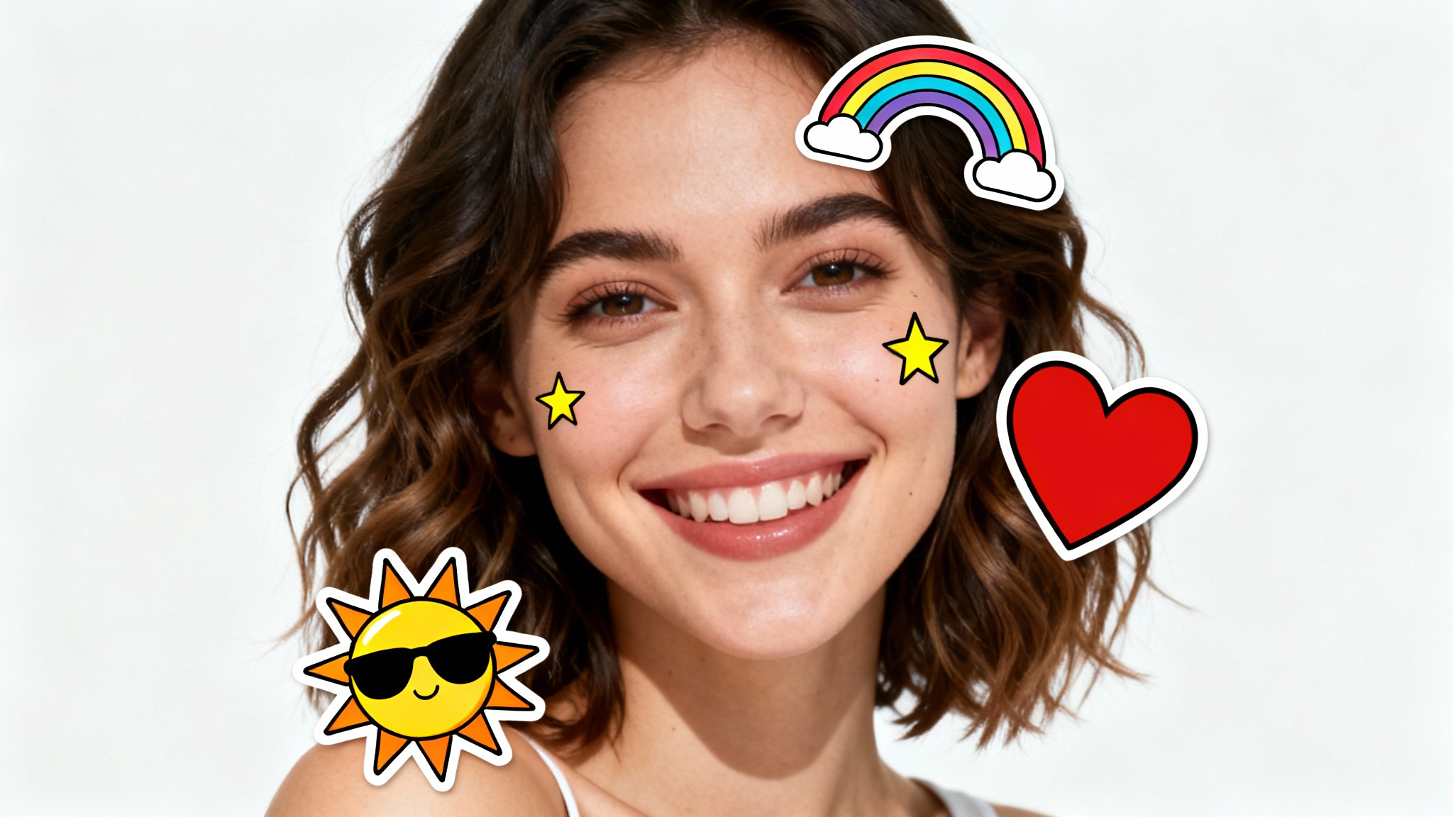 A photograph of a smiling woman that has been decorated with fun digital stickers, including a sun, a star, a rainbow, and a heart, on a white background.