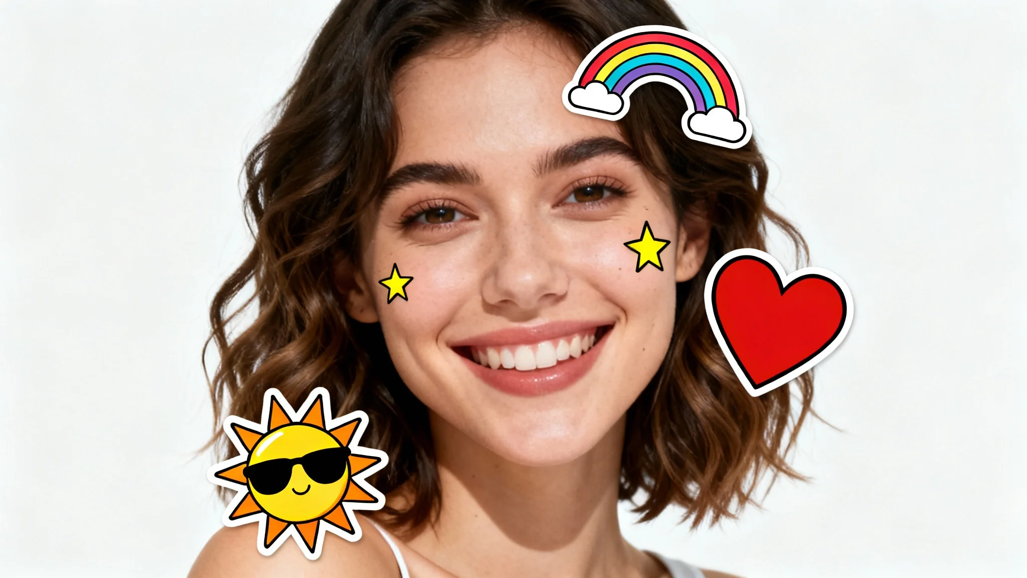 A photograph of a smiling woman that has been decorated with fun digital stickers, including a sun, a star, a rainbow, and a heart, on a white background.