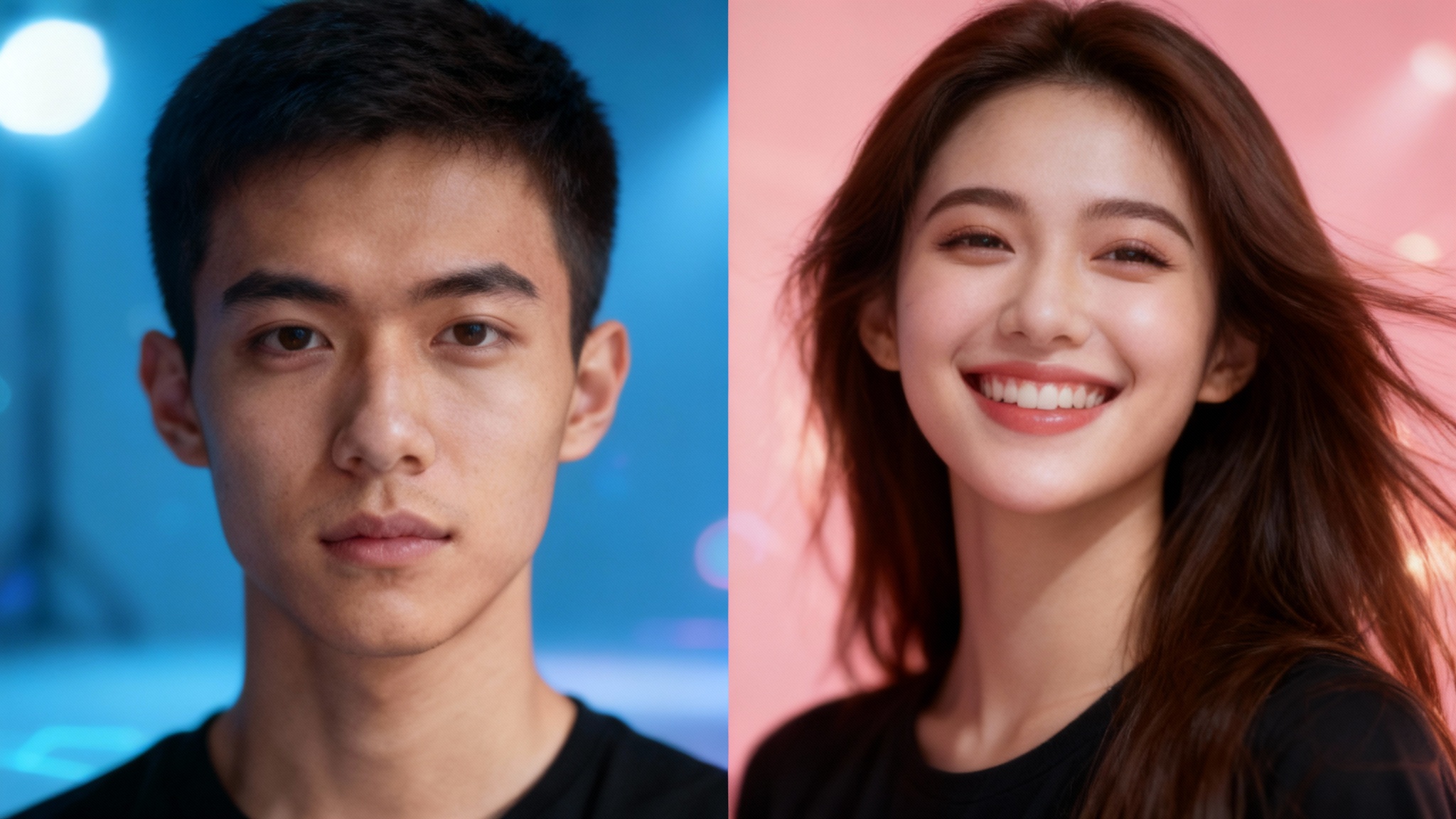 A split-screen comparison showing an AI face transformation. The left side shows a young man, and the right side shows him transformed into a young woman with long hair, highlighting the capabilities of the technology.