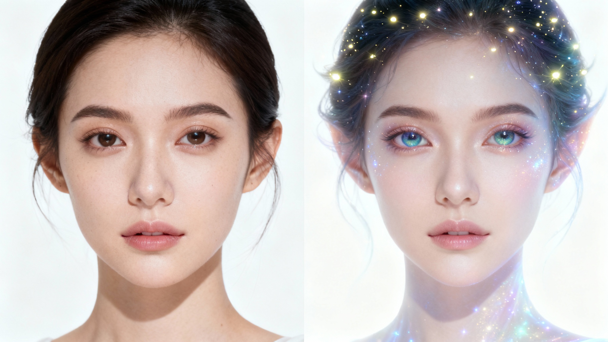 A before-and-after image demonstrating a face transformation. The left side shows a realistic portrait of a woman, while the right side shows the same woman transformed into a fantastical character with glowing skin and magical elements in her hair.