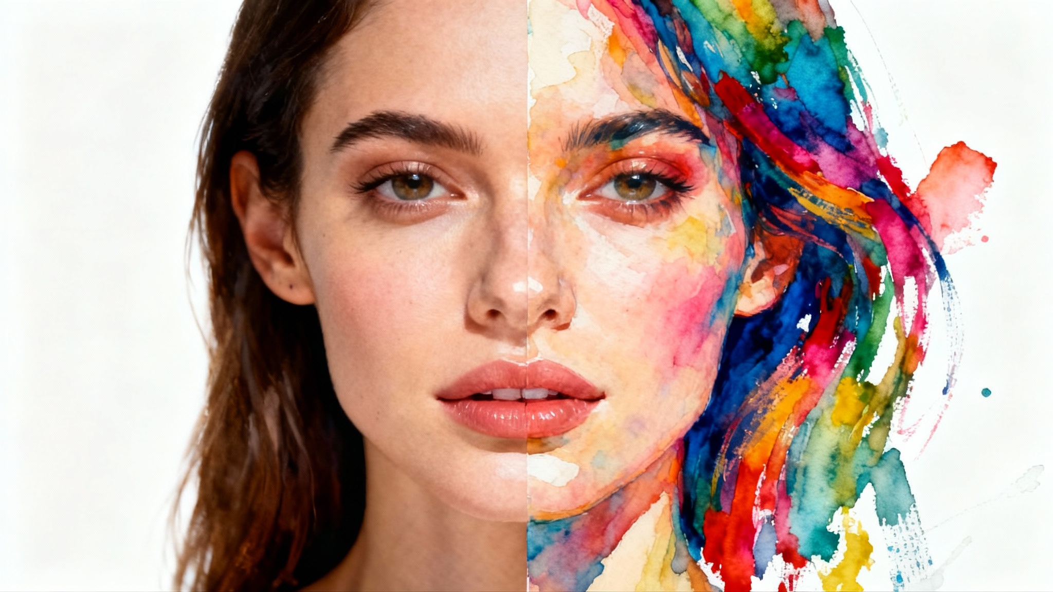 A close-up portrait of a woman's face, split down the middle to show a transformation. The left side is a realistic photo, and the right side is a colorful, artistic painting of the same face.