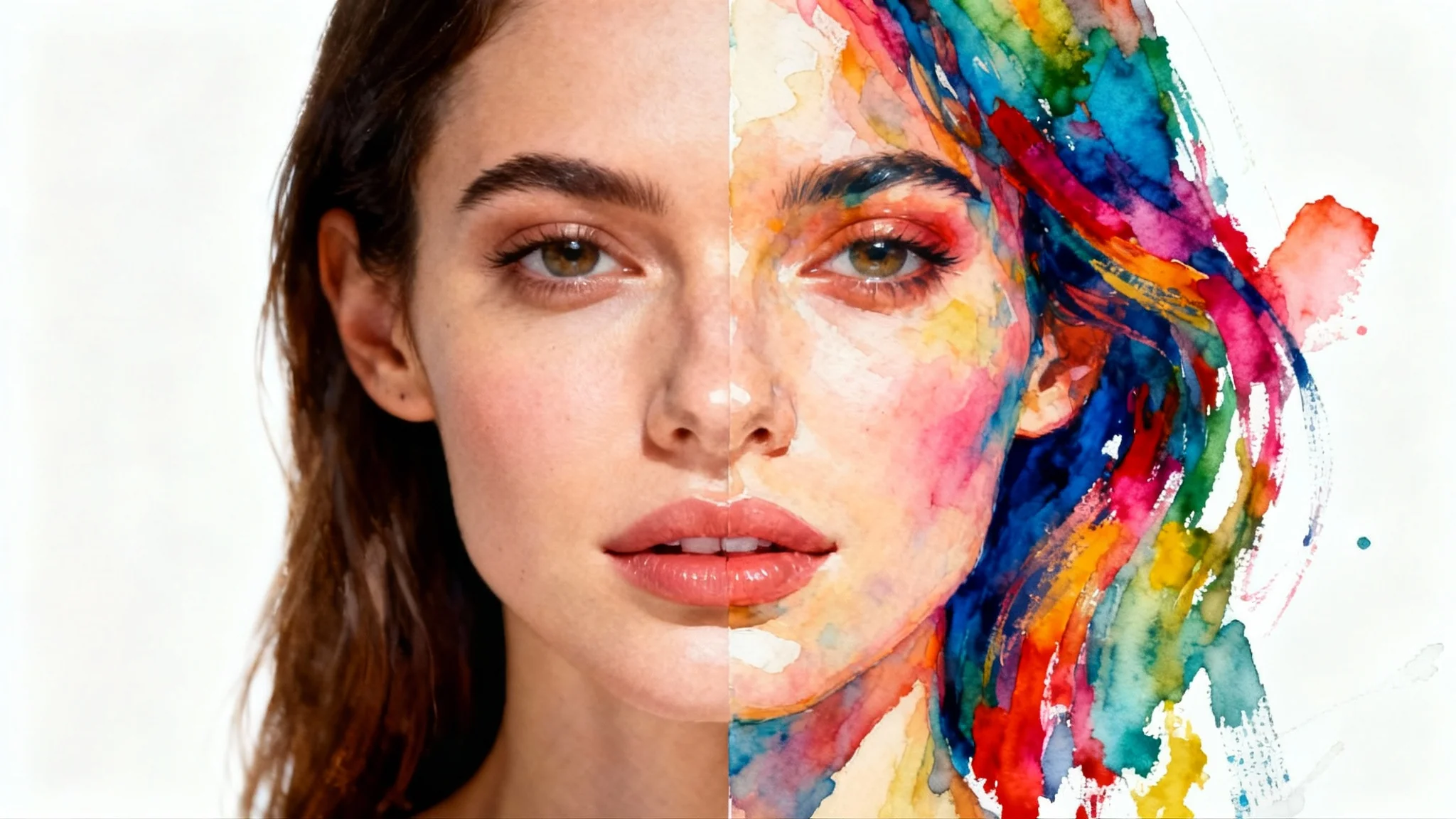 A close-up portrait of a woman's face, split down the middle to show a transformation. The left side is a realistic photo, and the right side is a colorful, artistic painting of the same face.