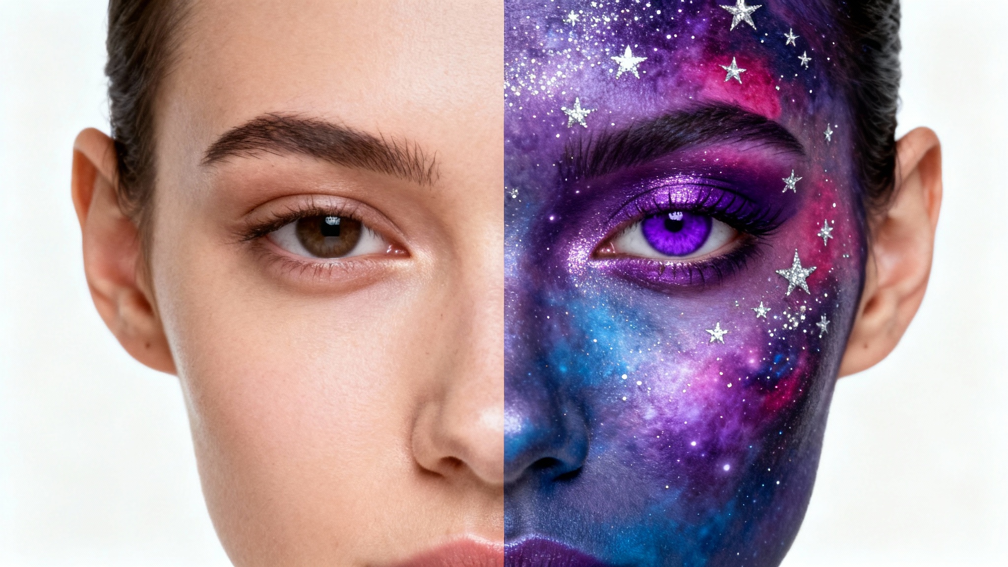 A close-up split-screen portrait of a woman's face demonstrating a transformation. The left side is natural and makeup-free, while the right side features elaborate and colorful fantasy makeup.