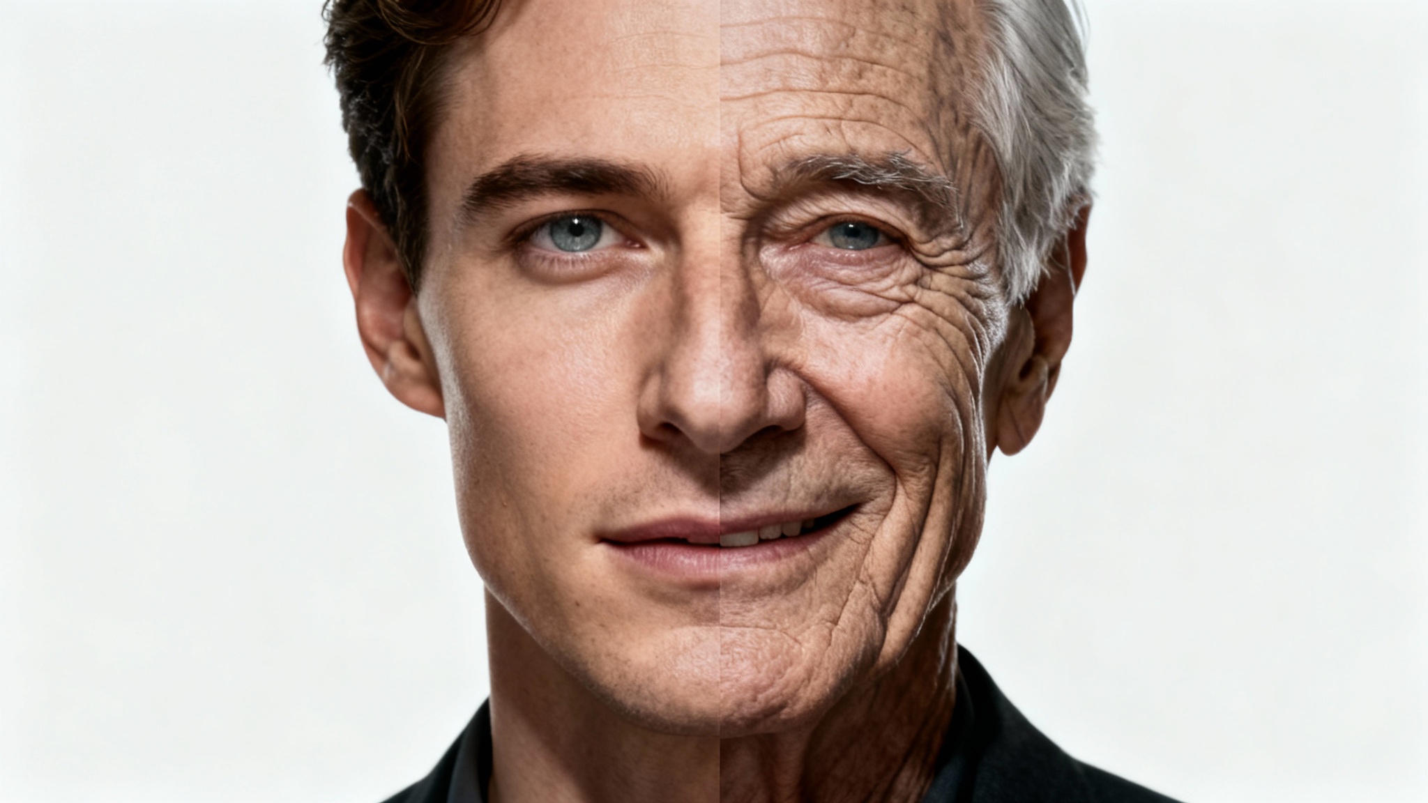 An artistic portrait illustrating face transformation, showing a man's face that is half young and half elderly, seamlessly blended together against a stark white background.