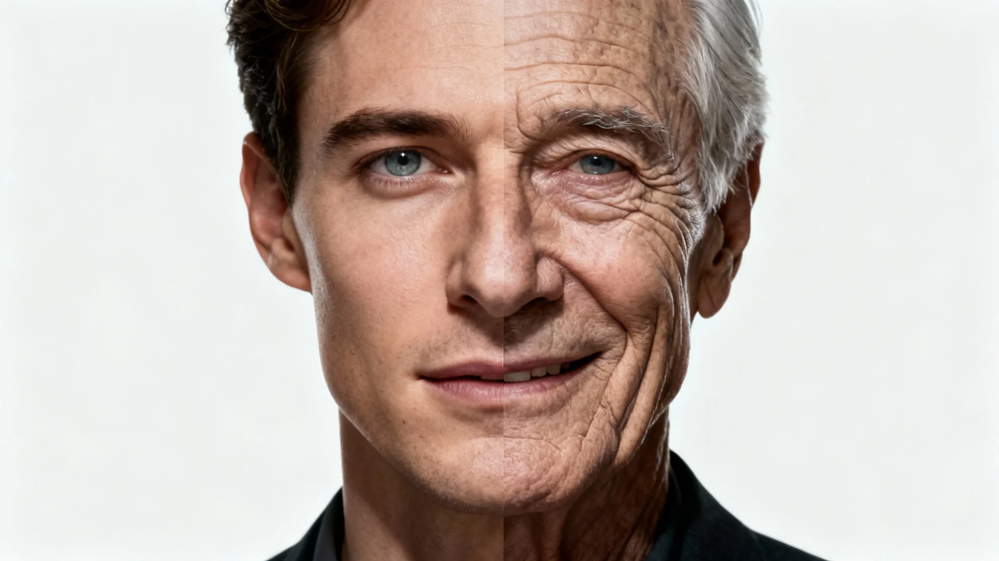 An artistic portrait illustrating face transformation, showing a man's face that is half young and half elderly, seamlessly blended together against a stark white background.