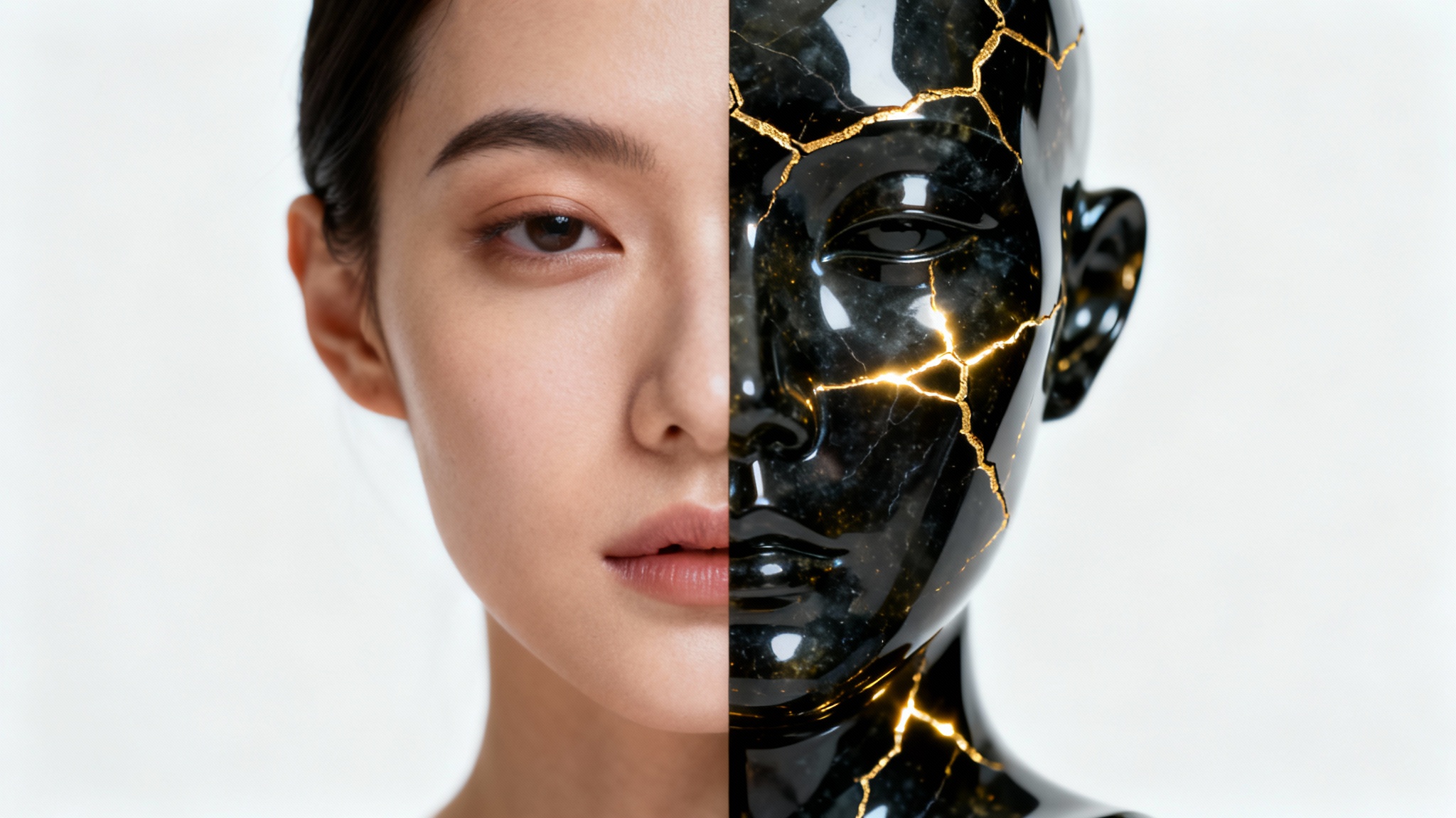 A dramatic portrait illustrating face transformation. The left side of the face is natural human skin, while the right side is transformed into black, cracked obsidian with glowing gold lines, set against a plain white background.