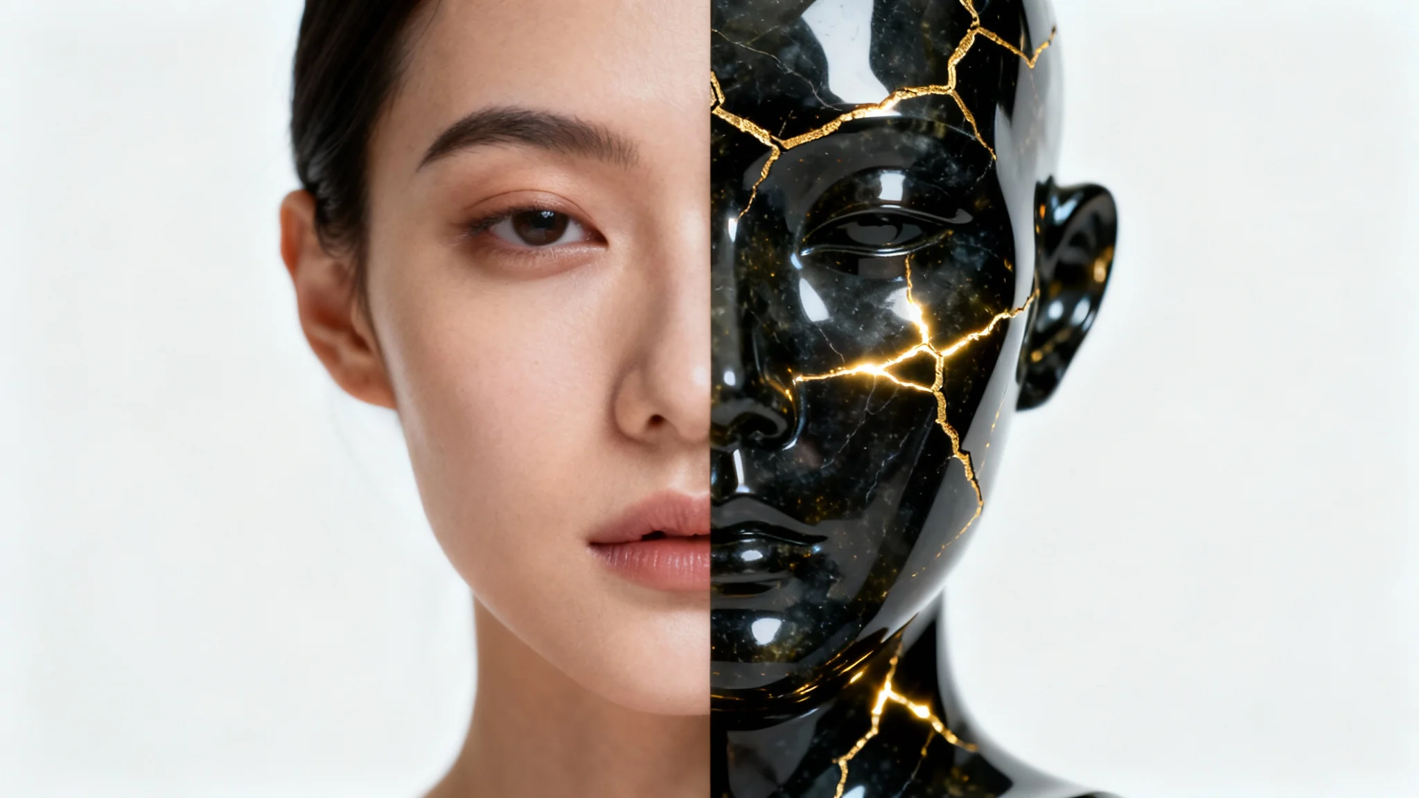 A dramatic portrait illustrating face transformation. The left side of the face is natural human skin, while the right side is transformed into black, cracked obsidian with glowing gold lines, set against a plain white background.