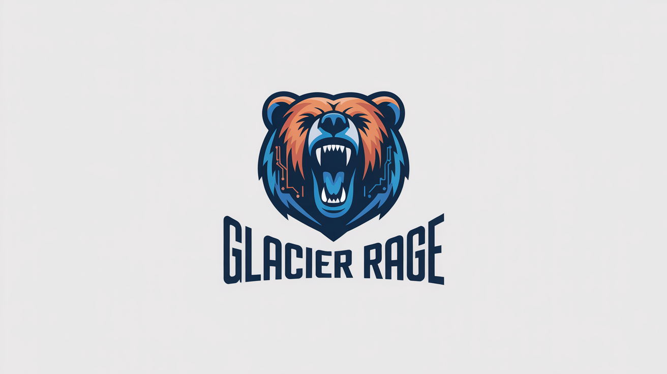 A modern esports mascot logo featuring an angry, roaring grizzly bear head in electric blue and orange. The team name 'Glacier Rage' is written below in a bold font, all on a clean white background.