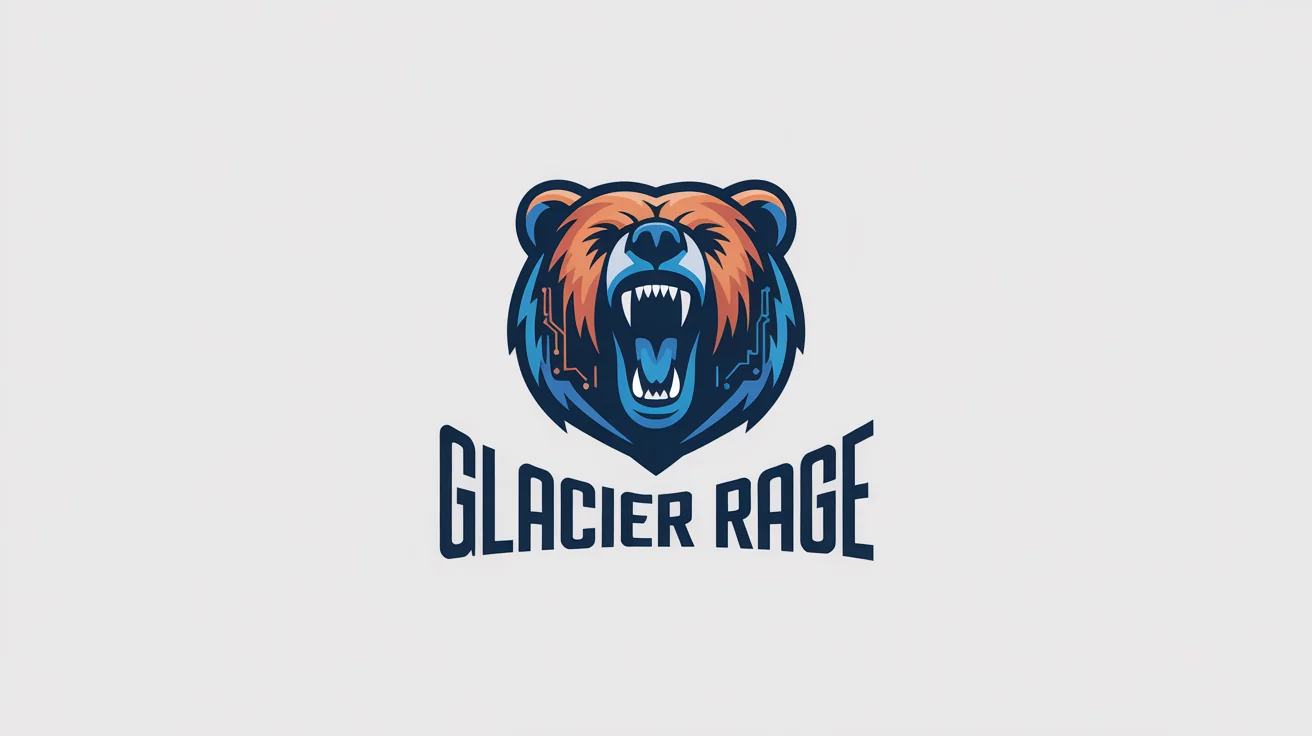 A modern esports mascot logo featuring an angry, roaring grizzly bear head in electric blue and orange. The team name 'Glacier Rage' is written below in a bold font, all on a clean white background.