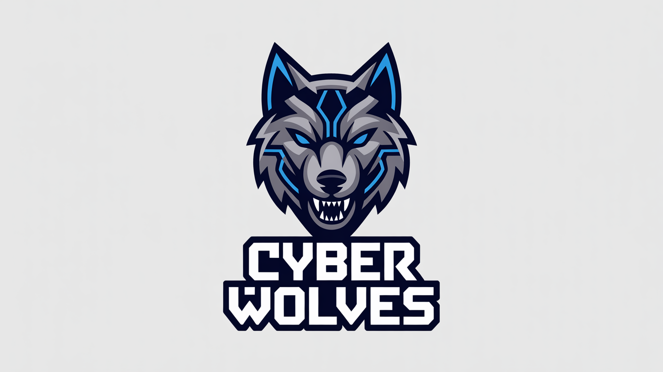 A modern esports mascot logo of a futuristic, robotic wolf in shades of blue and silver, with the team name 'CYBER WOLVES' written below, all on a plain white background.