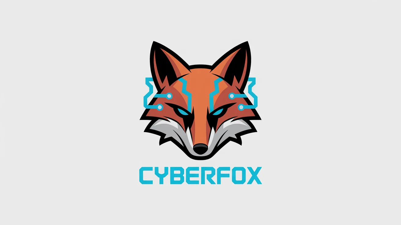 A modern esports mascot logo of a fierce, cybernetic fox head in orange, silver, and glowing cyan, with the fictional team name 'CYBERFOX' below it on a white background.