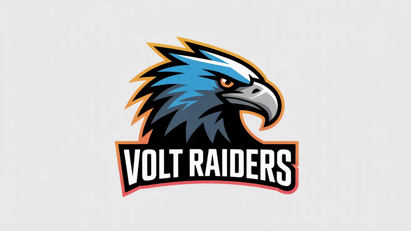 A modern esports mascot logo featuring a stylized, aggressive eagle's head in electric blue and orange. The team name 'VOLT RAIDERS' is written below. The logo is on a white background.