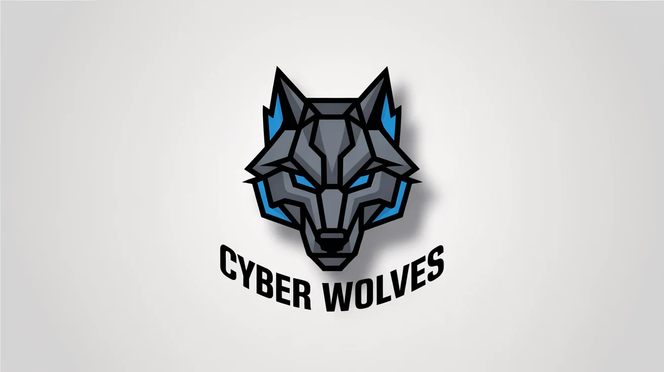 A modern esports mascot logo featuring a fierce, cybernetic wolf head in shades of gray and electric blue, with the team name 'CYBER WOLVES' below it, on a white background.