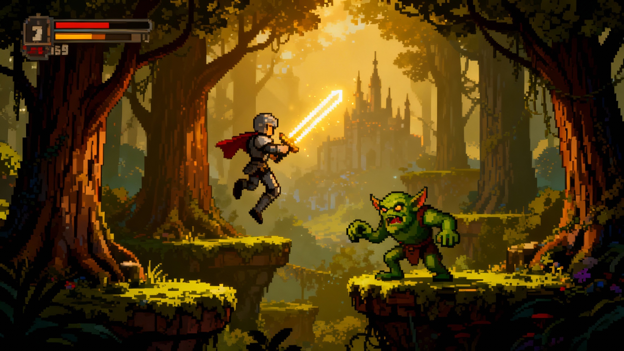 A polished pixel art screenshot of a 2D platformer game, showing a knight character fighting a goblin in a fantasy forest, demonstrating the final output of a game sprite creator.