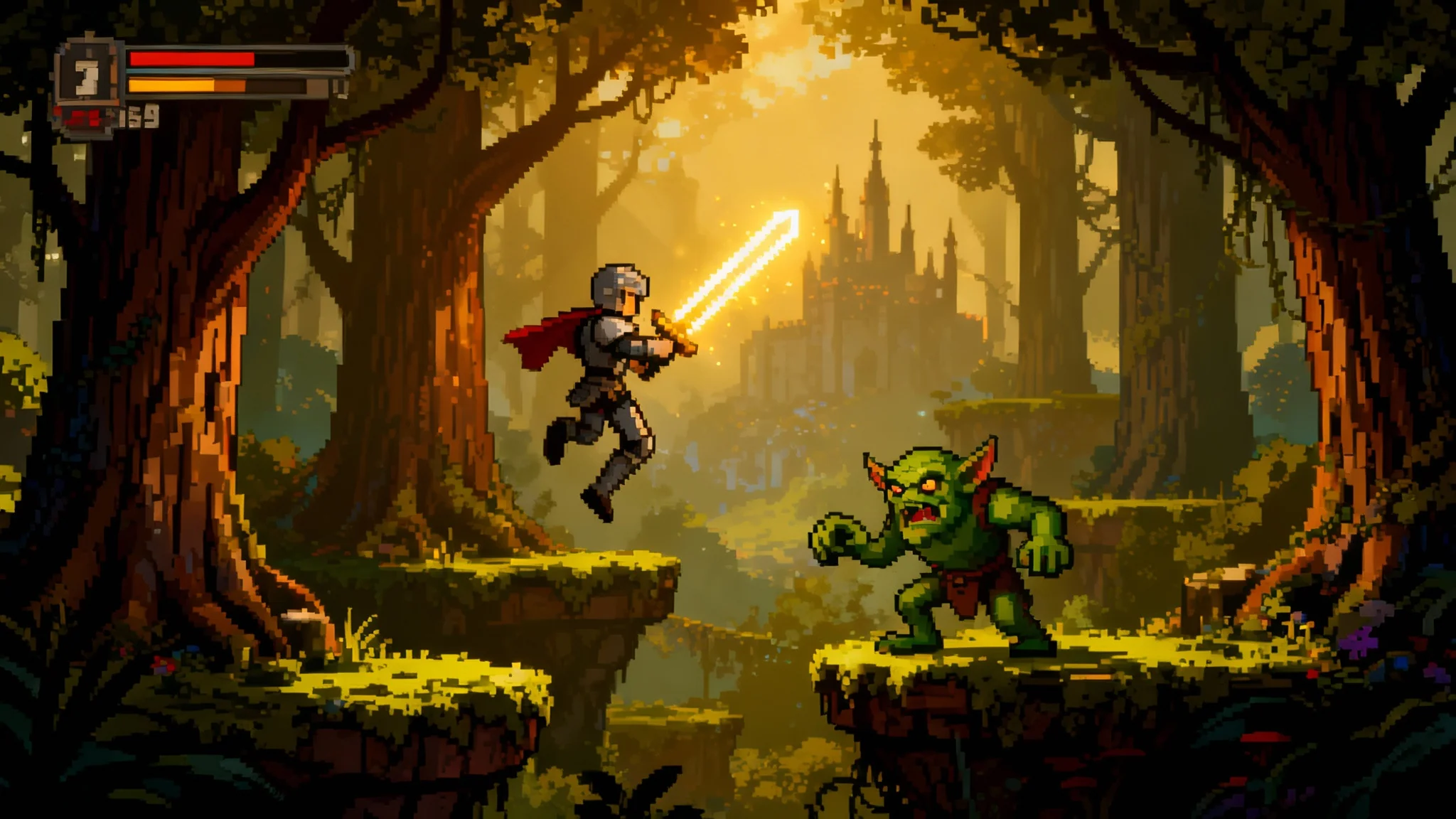 A polished pixel art screenshot of a 2D platformer game, showing a knight character fighting a goblin in a fantasy forest, demonstrating the final output of a game sprite creator.