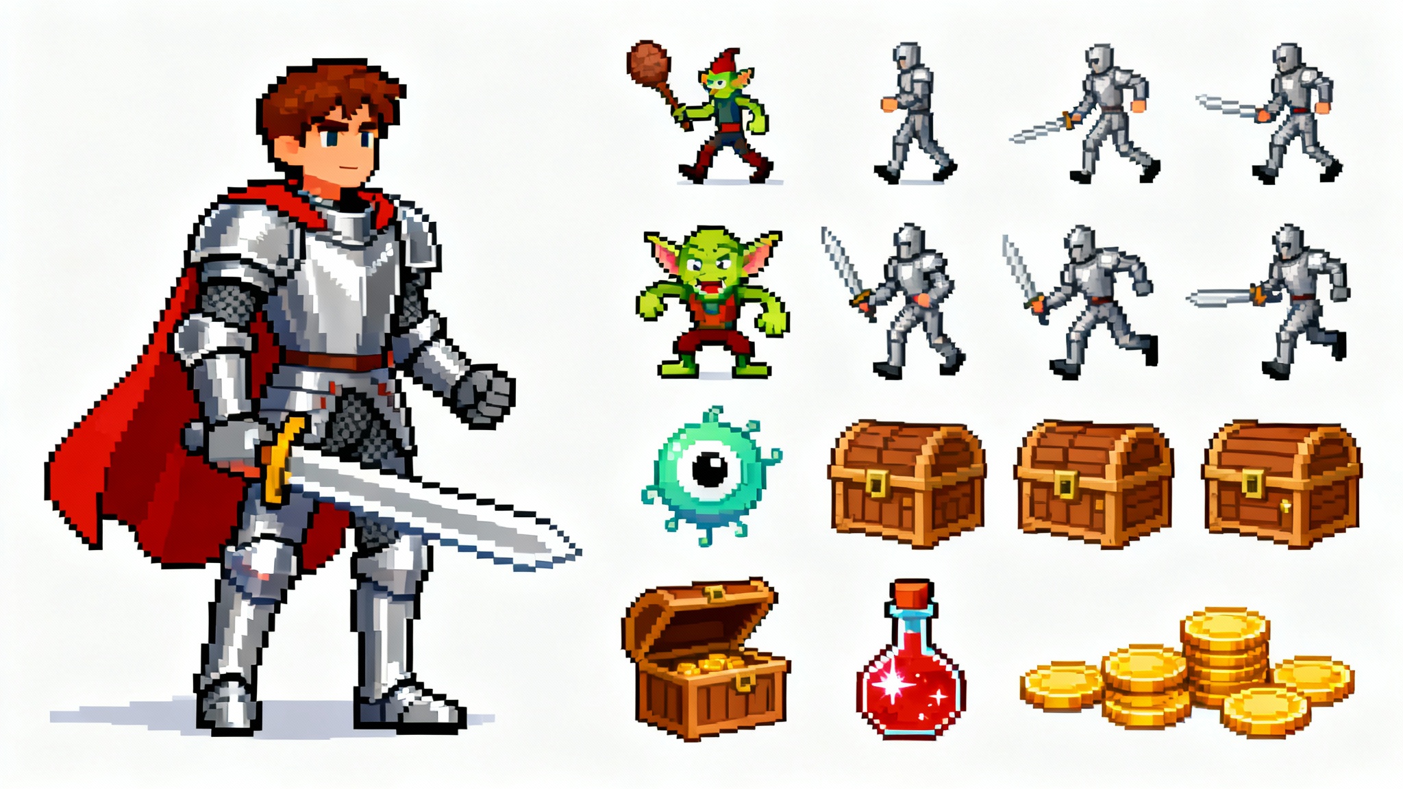 A collection of 16-bit pixel art game sprites arranged in a grid on a white background, featuring a knight character in various poses, a goblin, a monster, and RPG items like a treasure chest and potions.