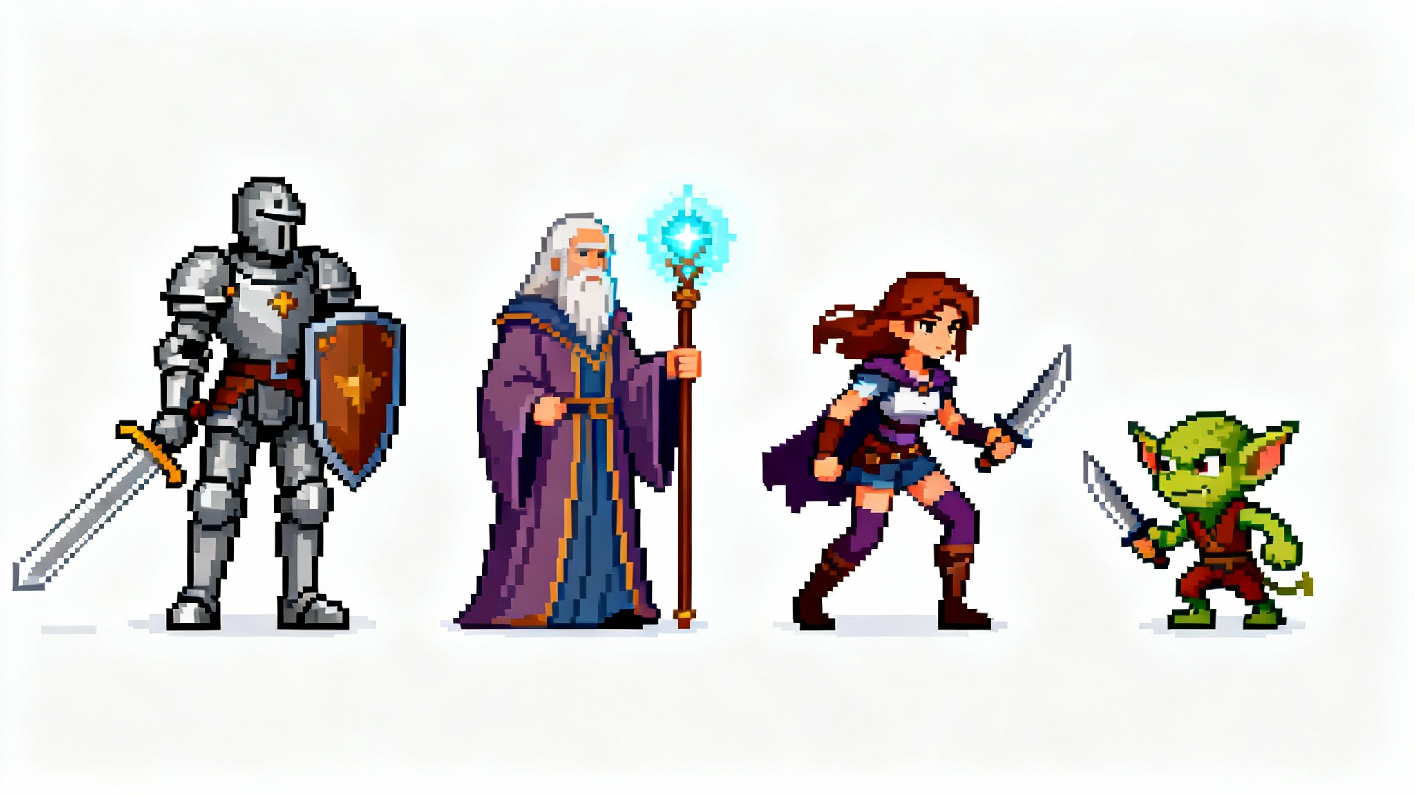 A collection of pixel art fantasy game sprites, including a knight, mage, and rogue, arranged in a grid on a clean white background, showcasing a game asset mockup.