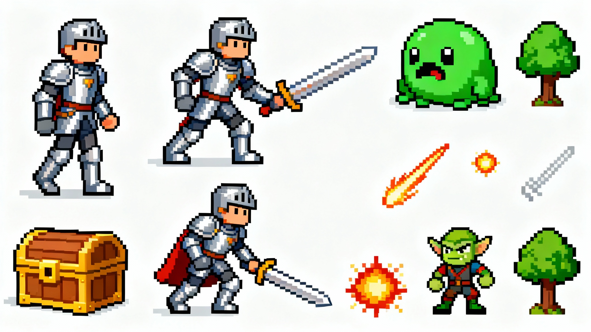 A collection of 16-bit pixel art game sprites for a fantasy game, neatly arranged on a white background, featuring a knight character, enemy monsters, and environmental assets.
