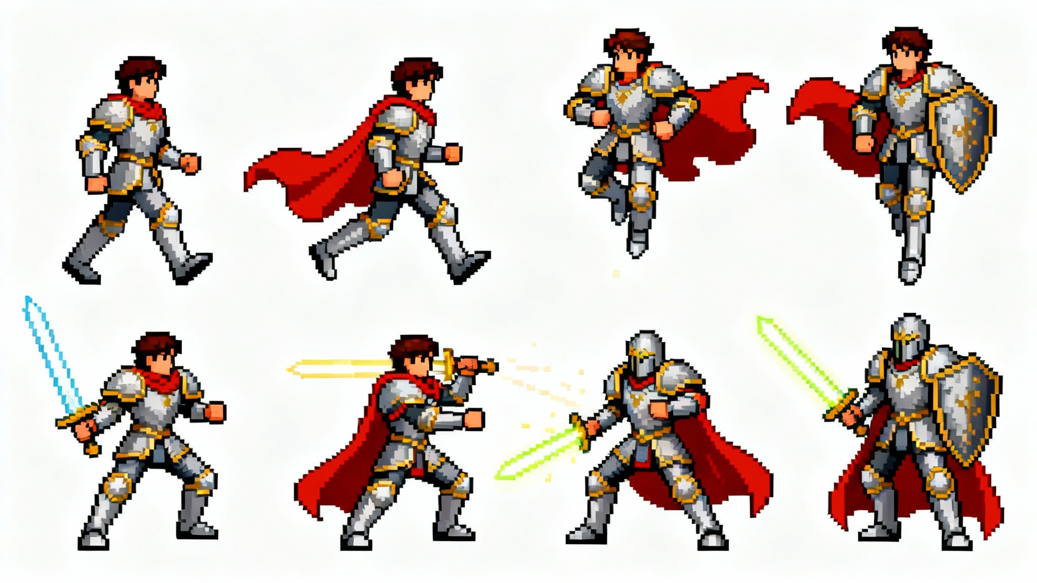 A pixel art game sprite sheet showing a fantasy hero character in various animation frames, such as walking, running, and attacking with a sword, all set against a white background.