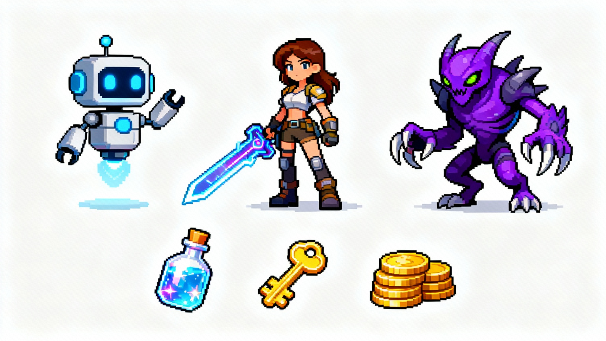 A vibrant collection of 2D cartoon-style game sprites on a white background, including a female hero, a robot, an alien monster, and various items like a potion and coins.