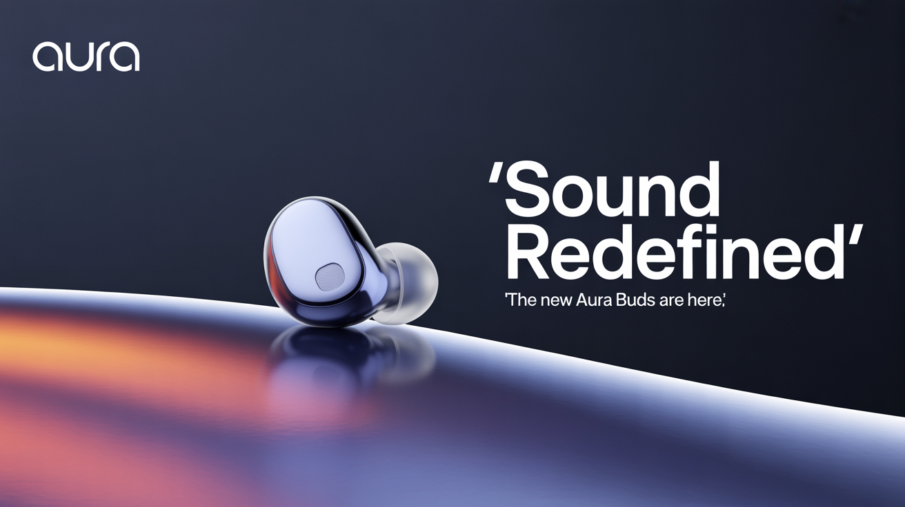 A professional 16:9 social media banner for a tech product launch, showing a sleek earbud and text that says 'Sound Redefined'. The background is a blue and purple gradient.