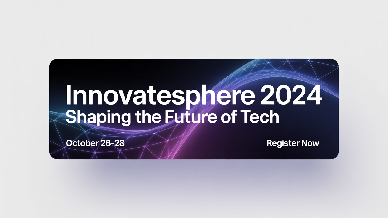 A modern social media banner for a tech conference named 'InnovateSphere 2024'. The design features a dark blue and purple gradient with futuristic geometric patterns, displayed on a white background.