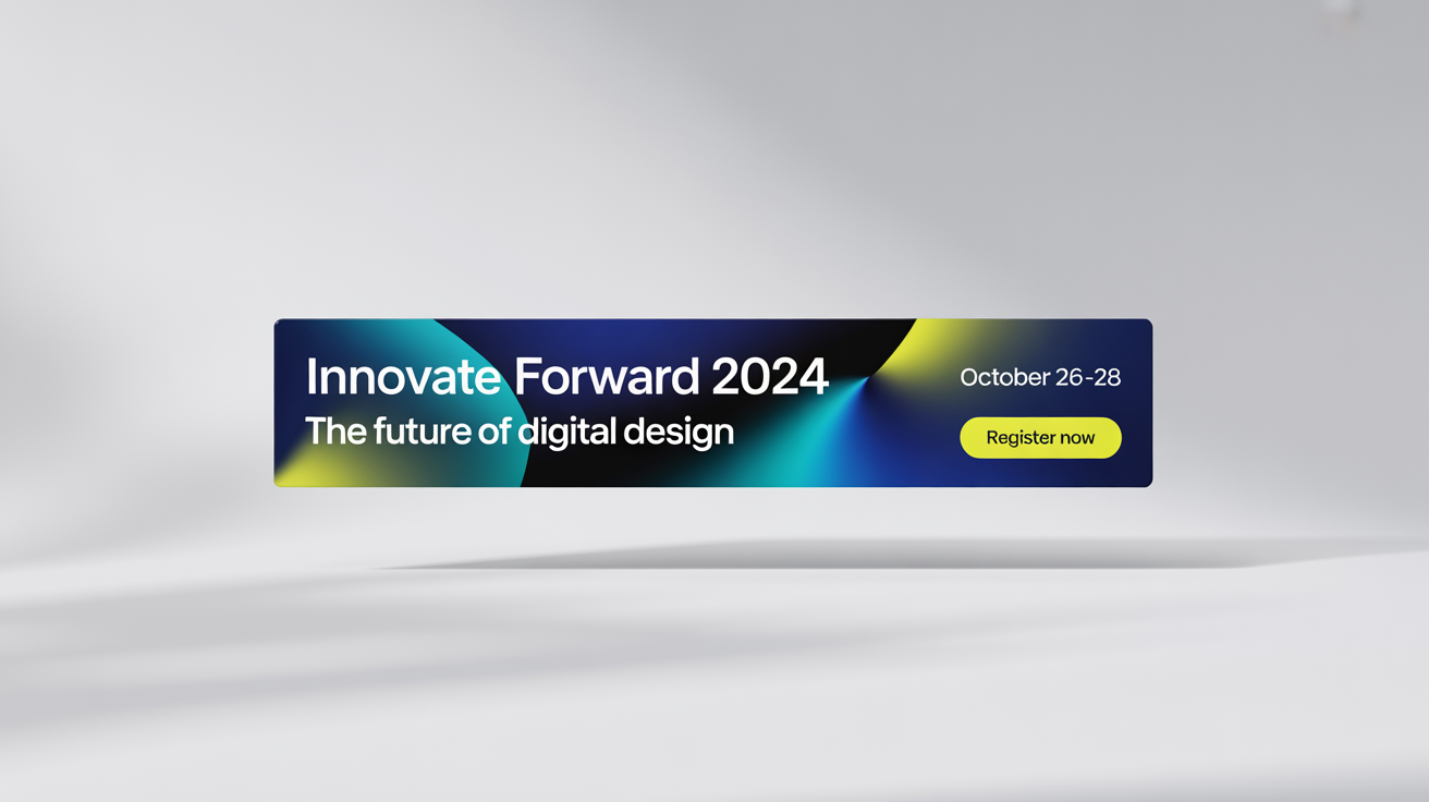 A professional social media banner mockup for a tech conference named 'Innovate Forward 2024'. The design is modern, with a blue and yellow color scheme, and includes a 'Register Now' button.