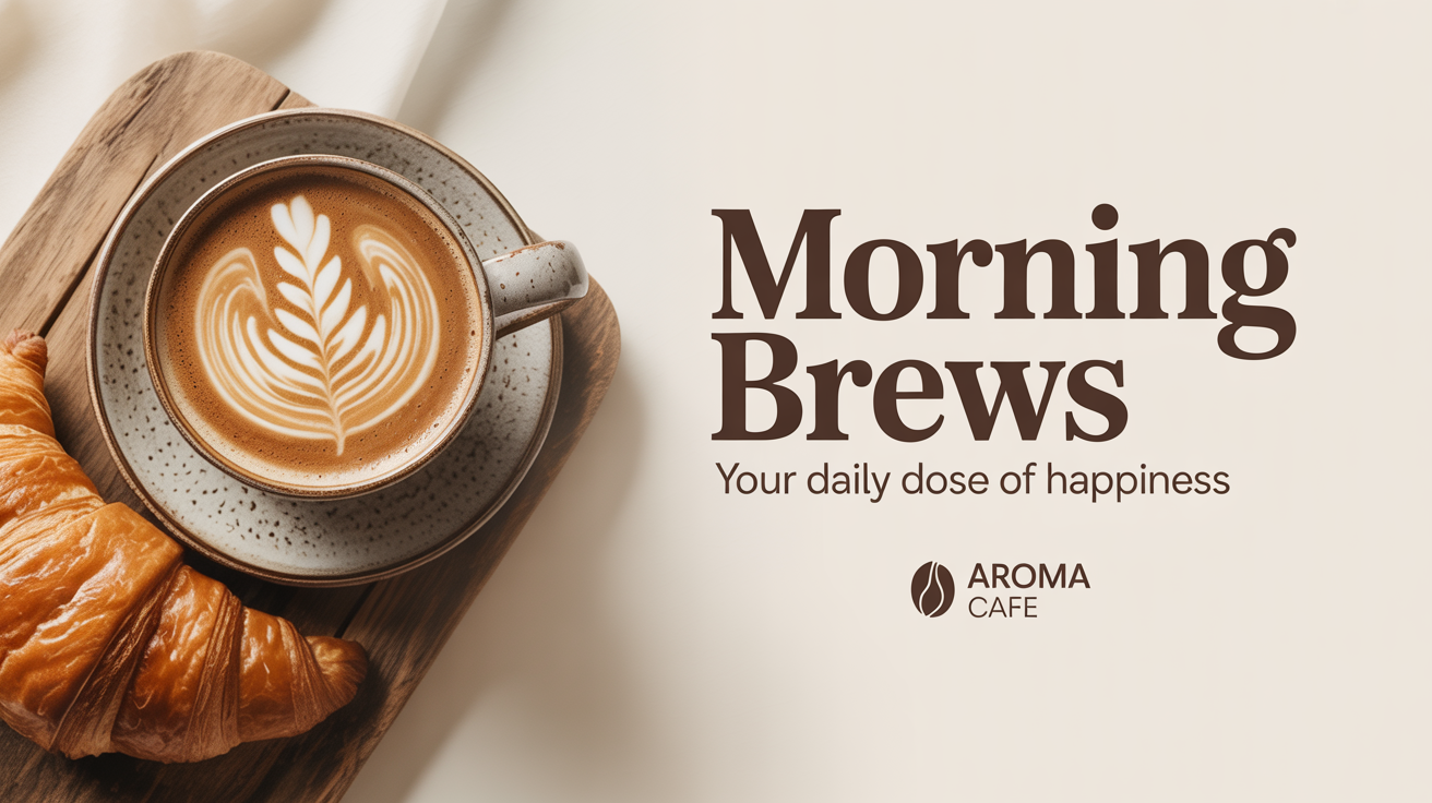A social media banner mockup for a coffee shop named 'Aroma Cafe', featuring a latte and a croissant with the text 'Morning Brews'.