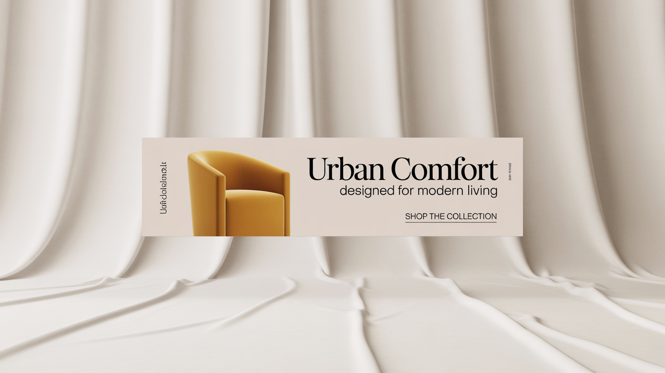 A mockup of a minimalist social media banner for a furniture brand named 'Urban Comfort'. The banner features an elegant armchair and the tagline 'Designed for Modern Living', presented against a clean white background.