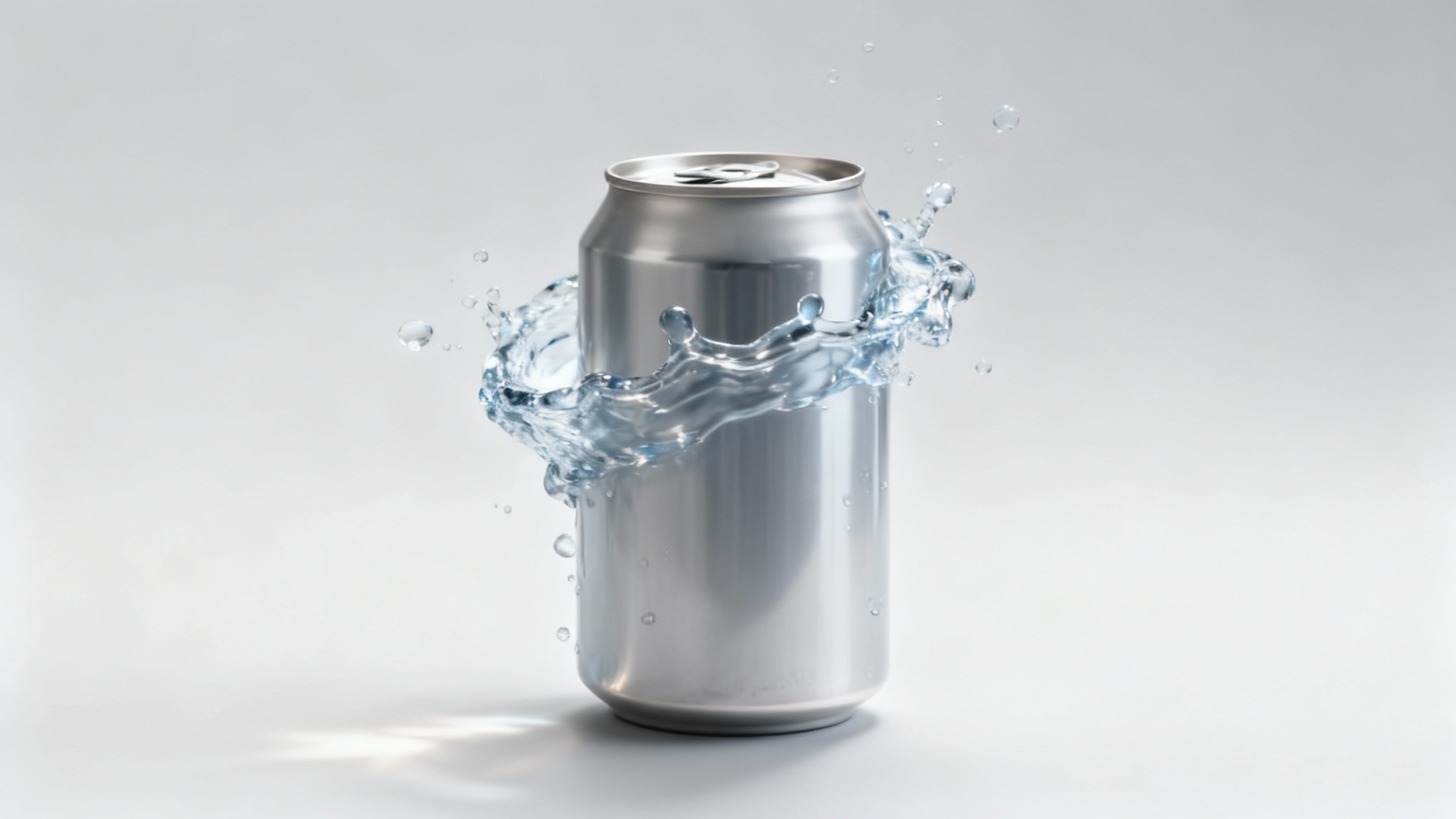 A photorealistic image of a modern beverage can with a dynamic, clear water splash frozen in mid-air around it, set against a clean studio background, showcasing a water splash overlay effect.