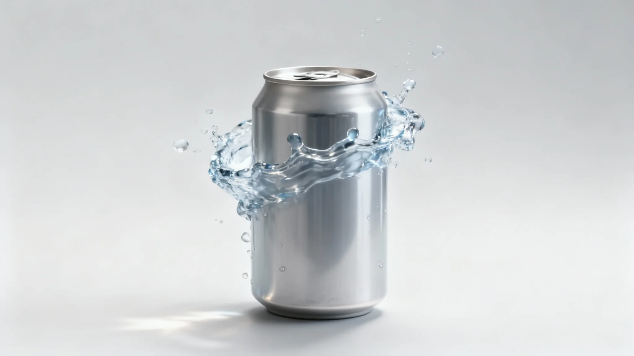 A photorealistic image of a modern beverage can with a dynamic, clear water splash frozen in mid-air around it, set against a clean studio background, showcasing a water splash overlay effect.