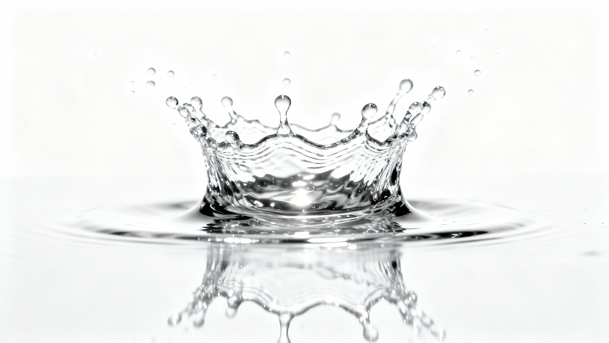 A photorealistic, high-speed photograph of a clear water splash captured mid-air, forming a crown shape with suspended droplets against a solid white background, illustrating a water splash overlay.