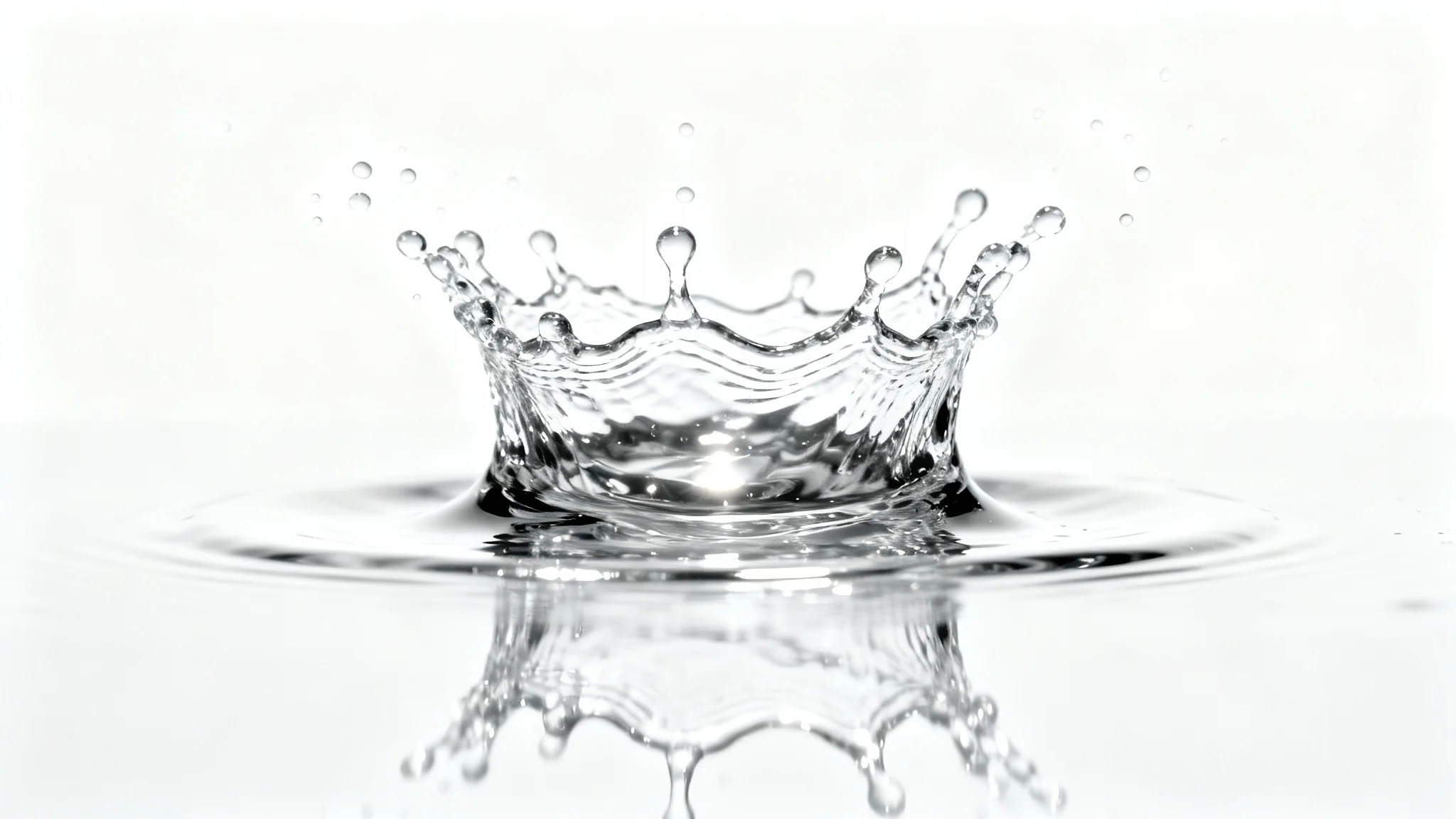 A photorealistic, high-speed photograph of a clear water splash captured mid-air, forming a crown shape with suspended droplets against a solid white background, illustrating a water splash overlay.