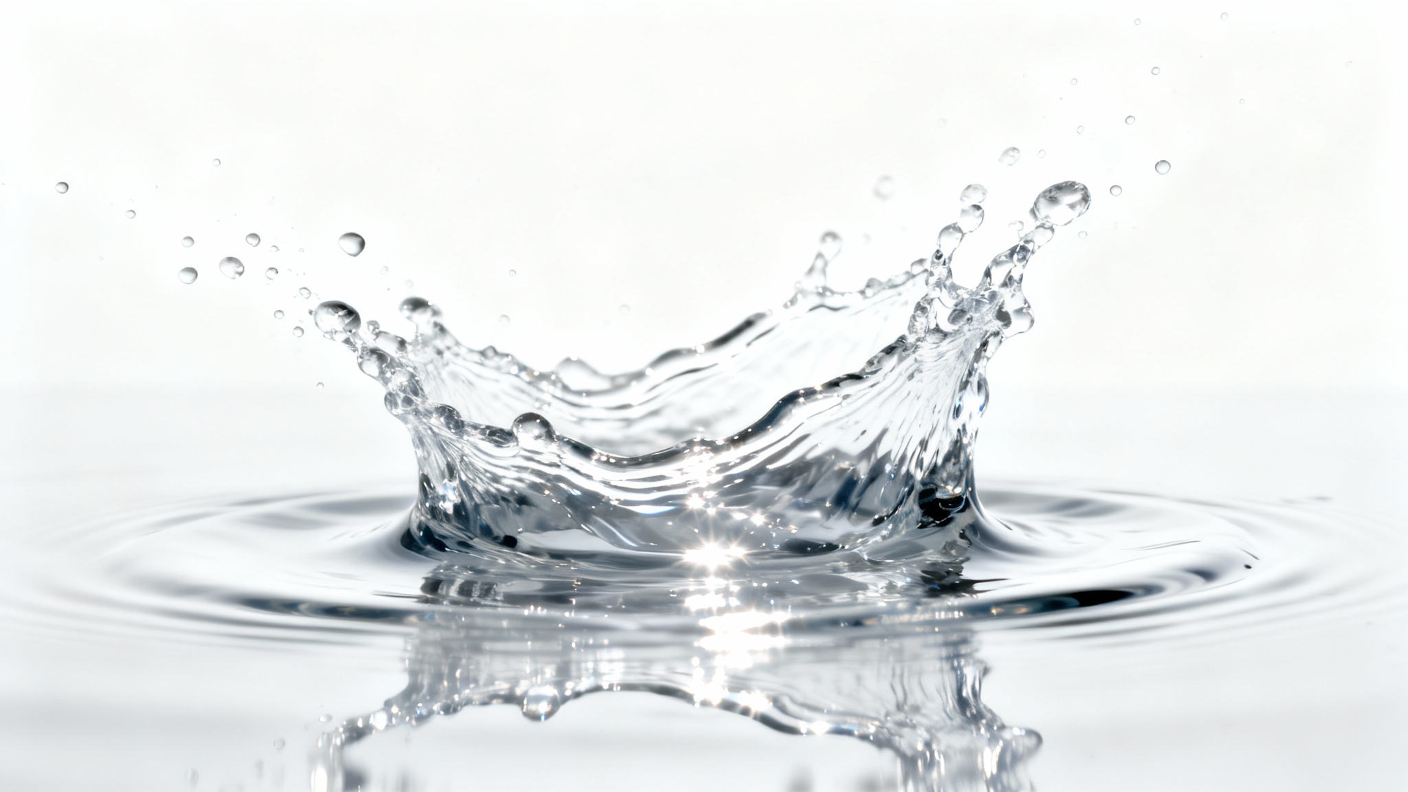 A dynamic, high-resolution image of a clear water splash frozen in mid-air against a clean white background, showcasing intricate droplet details.