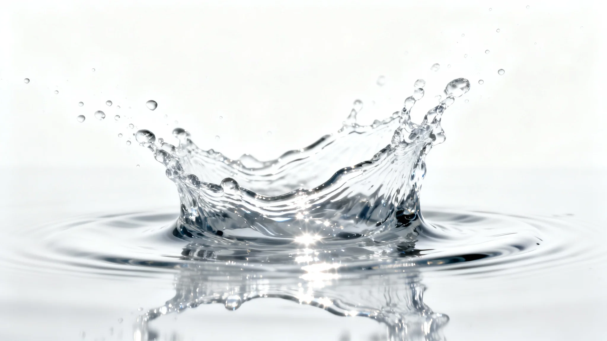 A dynamic, high-resolution image of a clear water splash frozen in mid-air against a clean white background, showcasing intricate droplet details.