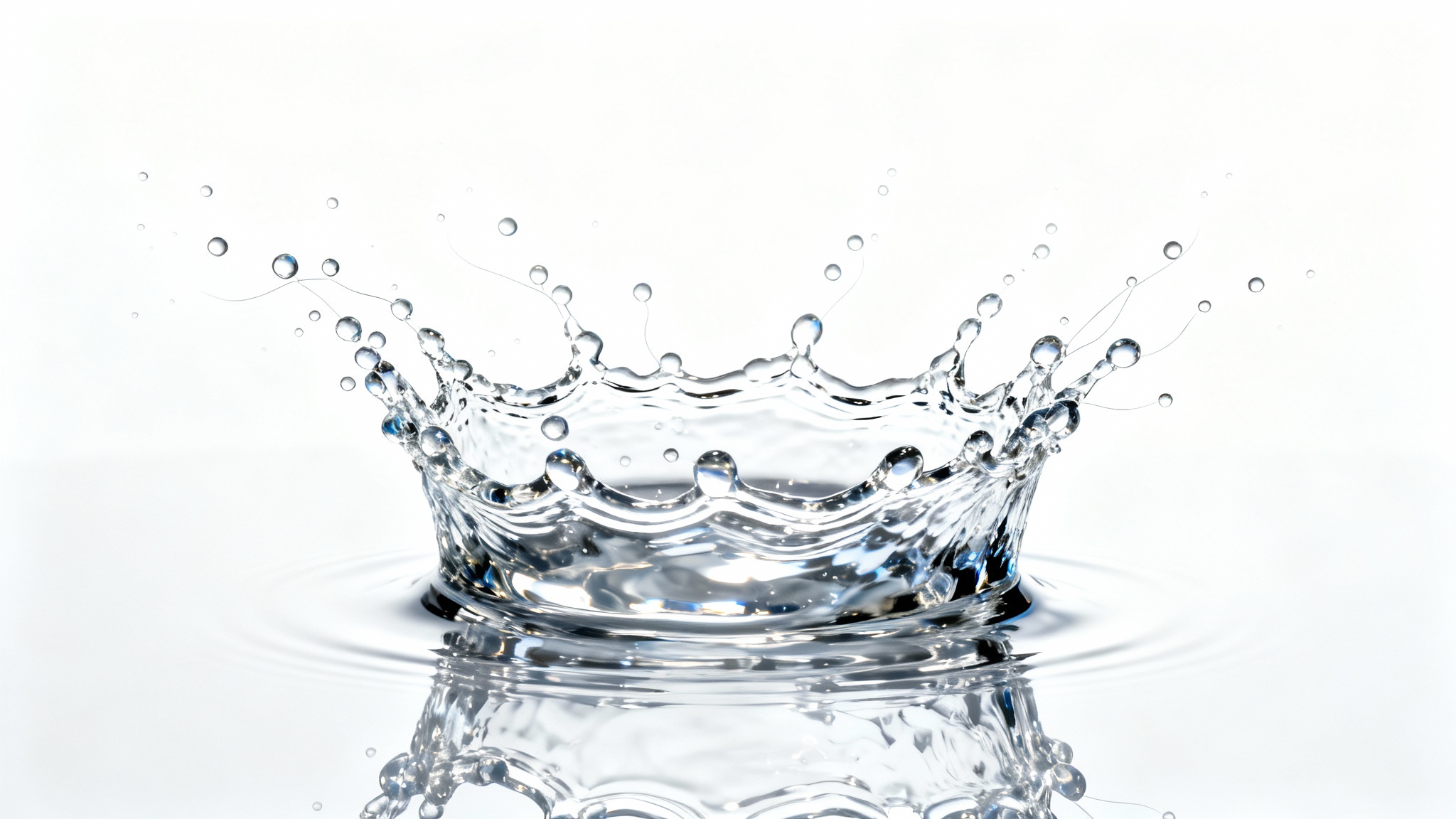 A photorealistic image of a clear water splash frozen mid-air in a crown shape, with individual droplets visible, set against a stark white background.