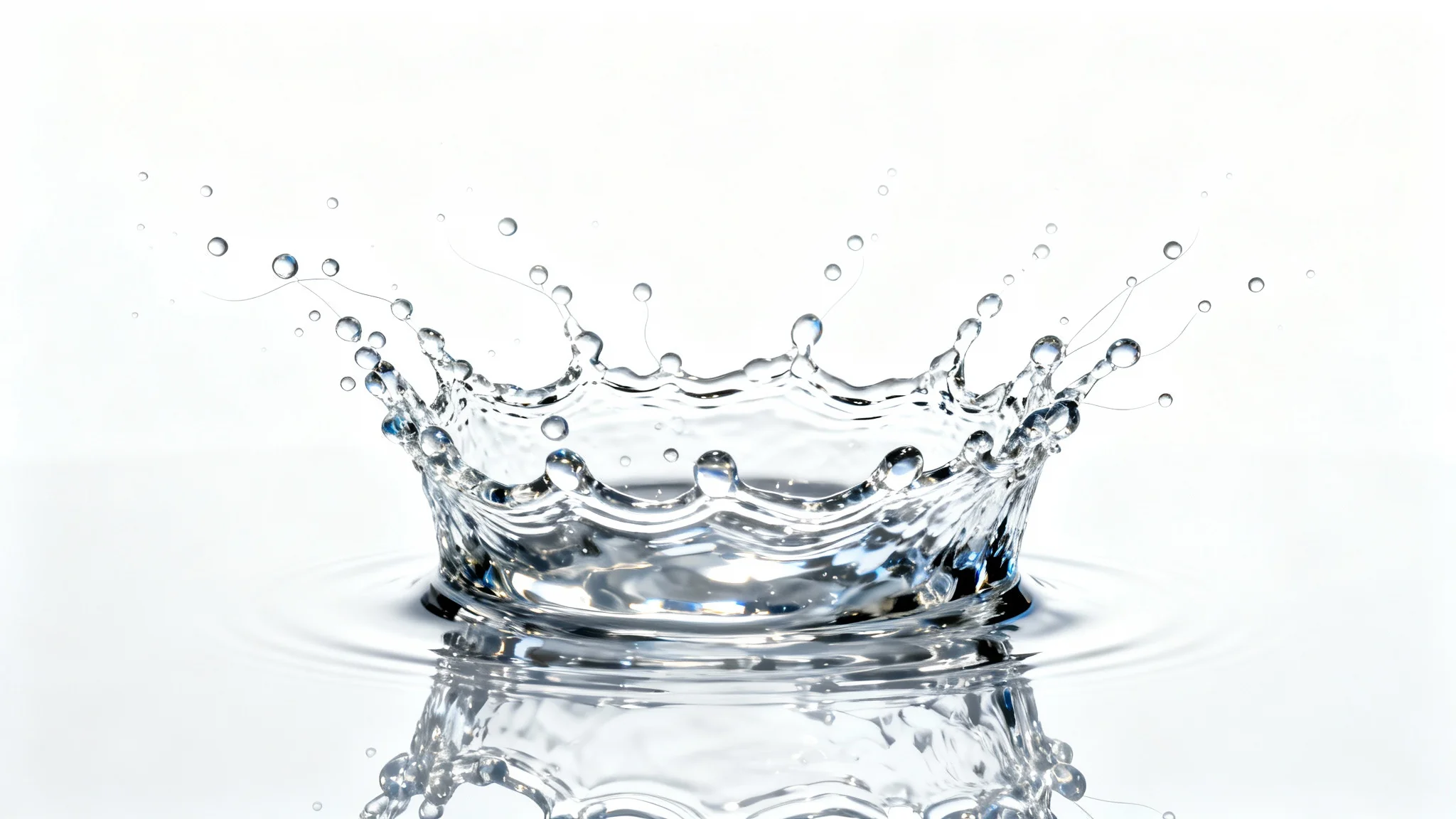 A photorealistic image of a clear water splash frozen mid-air in a crown shape, with individual droplets visible, set against a stark white background.
