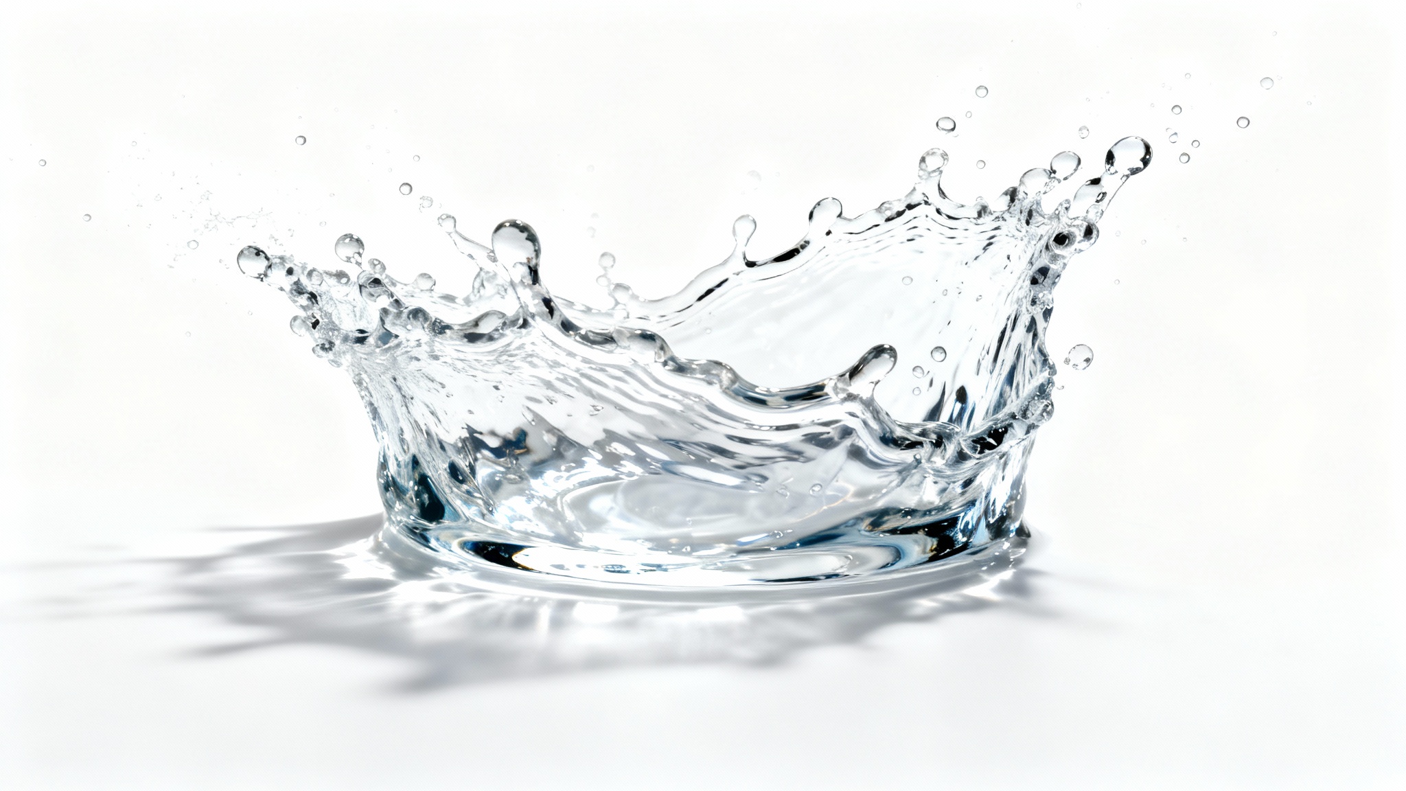 A photorealistic image of a dynamic water splash captured mid-air against a clean white background, showcasing individual droplets and a sense of motion.