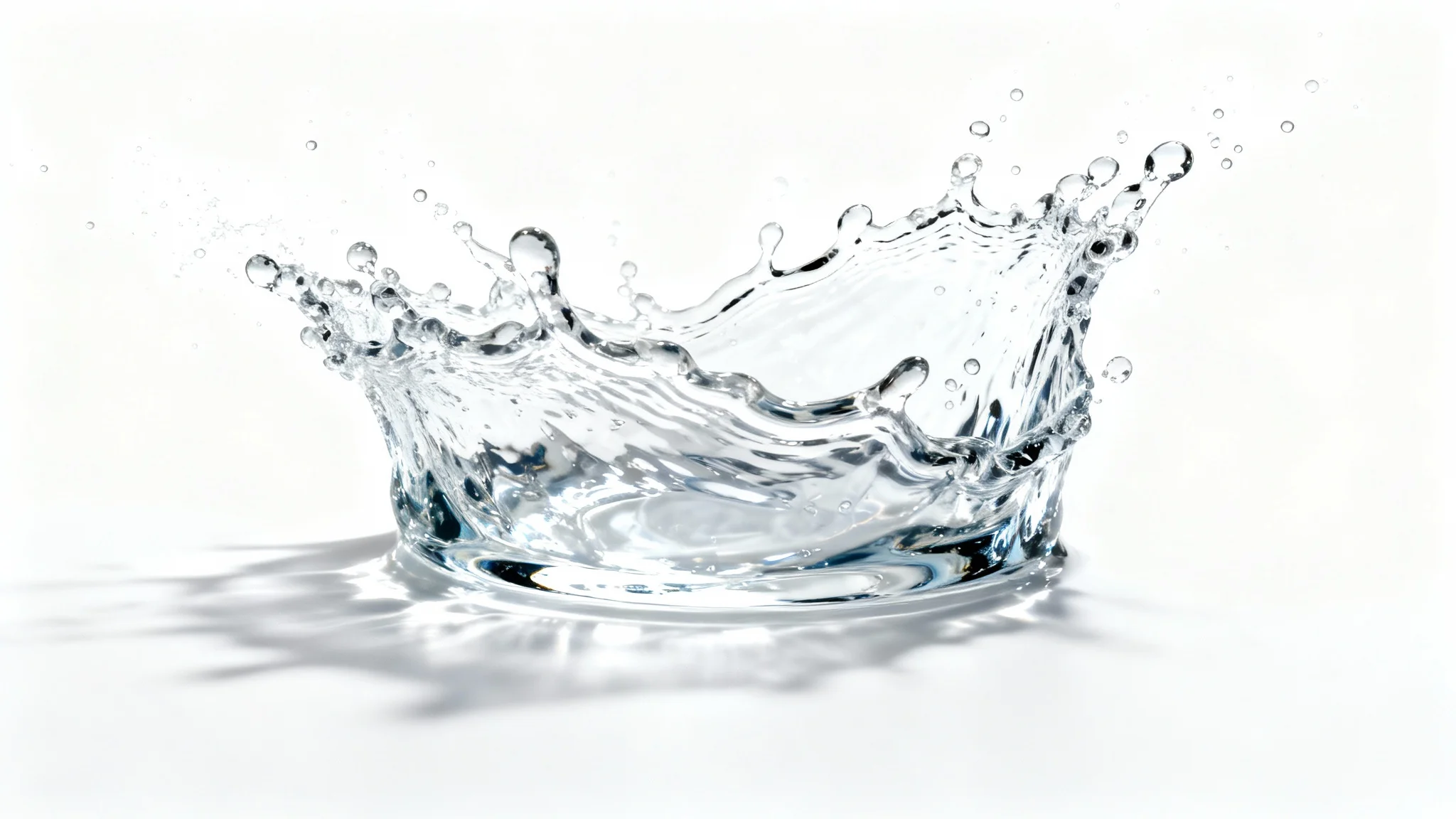 A photorealistic image of a dynamic water splash captured mid-air against a clean white background, showcasing individual droplets and a sense of motion.