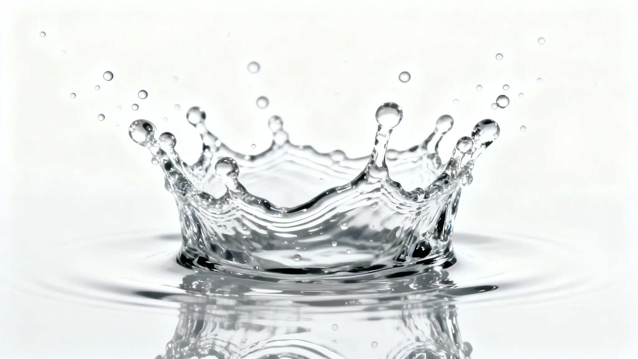 A photorealistic, high-speed capture of a clear water splash forming a crown shape, with droplets suspended in the air against a clean white background.