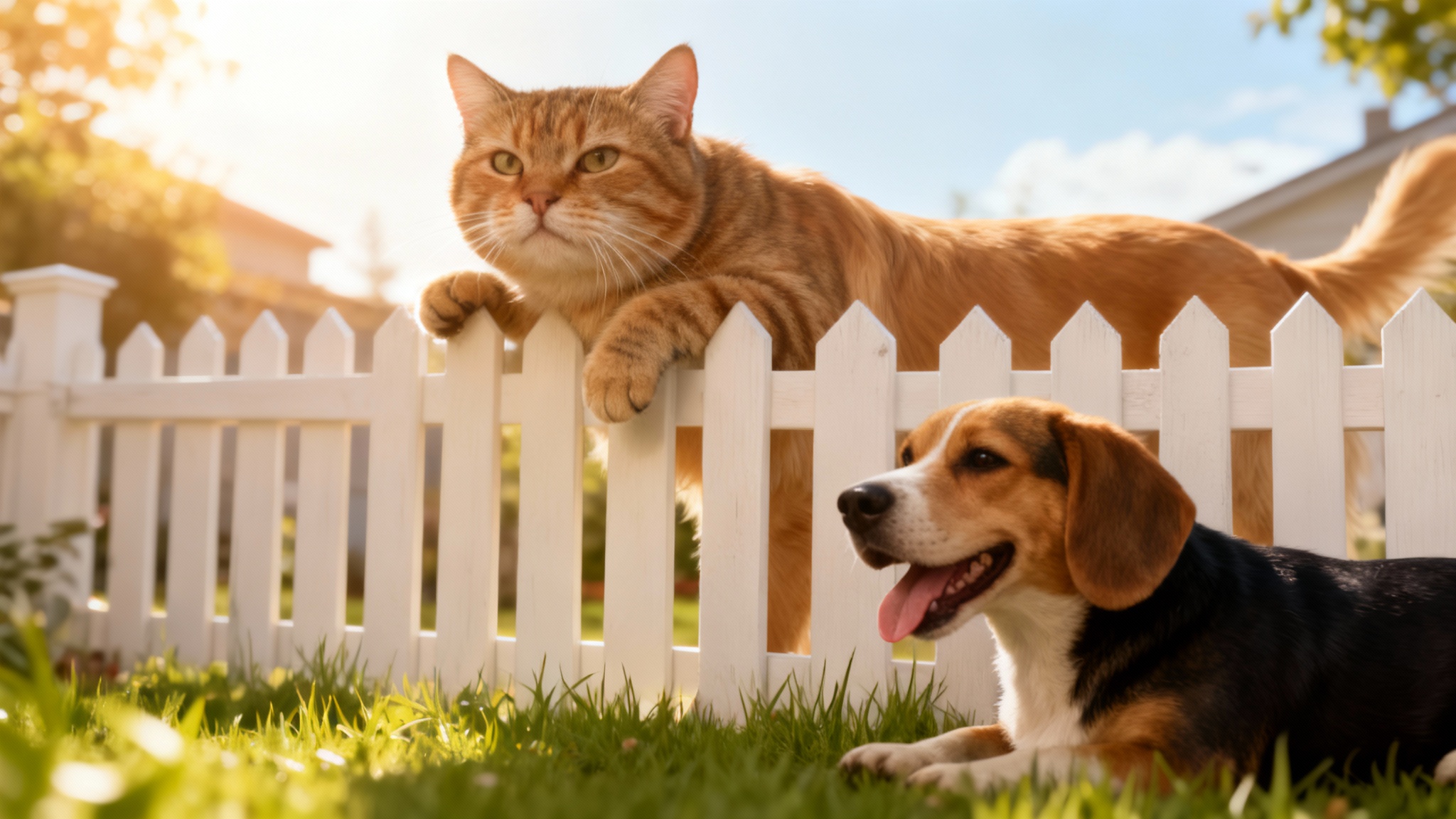 A highly realistic photo showing an animal body swap. A Golden Retriever with the head of a cat looks confused in a backyard, while a black cat with the head of a Beagle plays happily.