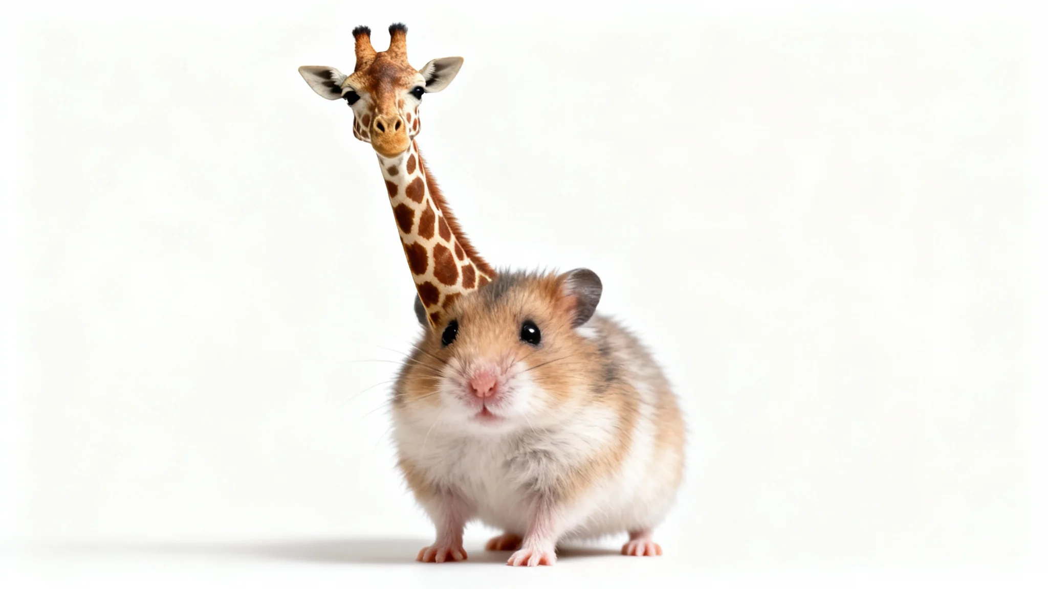 A humorous, photorealistic image of an animal body swap, showing a giraffe's head and long neck on the tiny body of a hamster, against a solid white background.