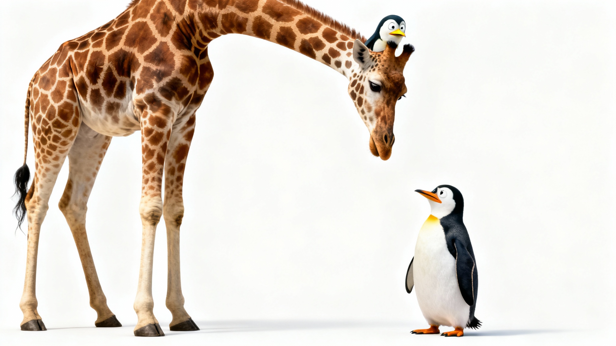 A humorous and surreal image of a body swap between a giraffe and a penguin. A giraffe's body has a penguin's head, and a penguin's body has a giraffe's head, both standing on a plain white background.