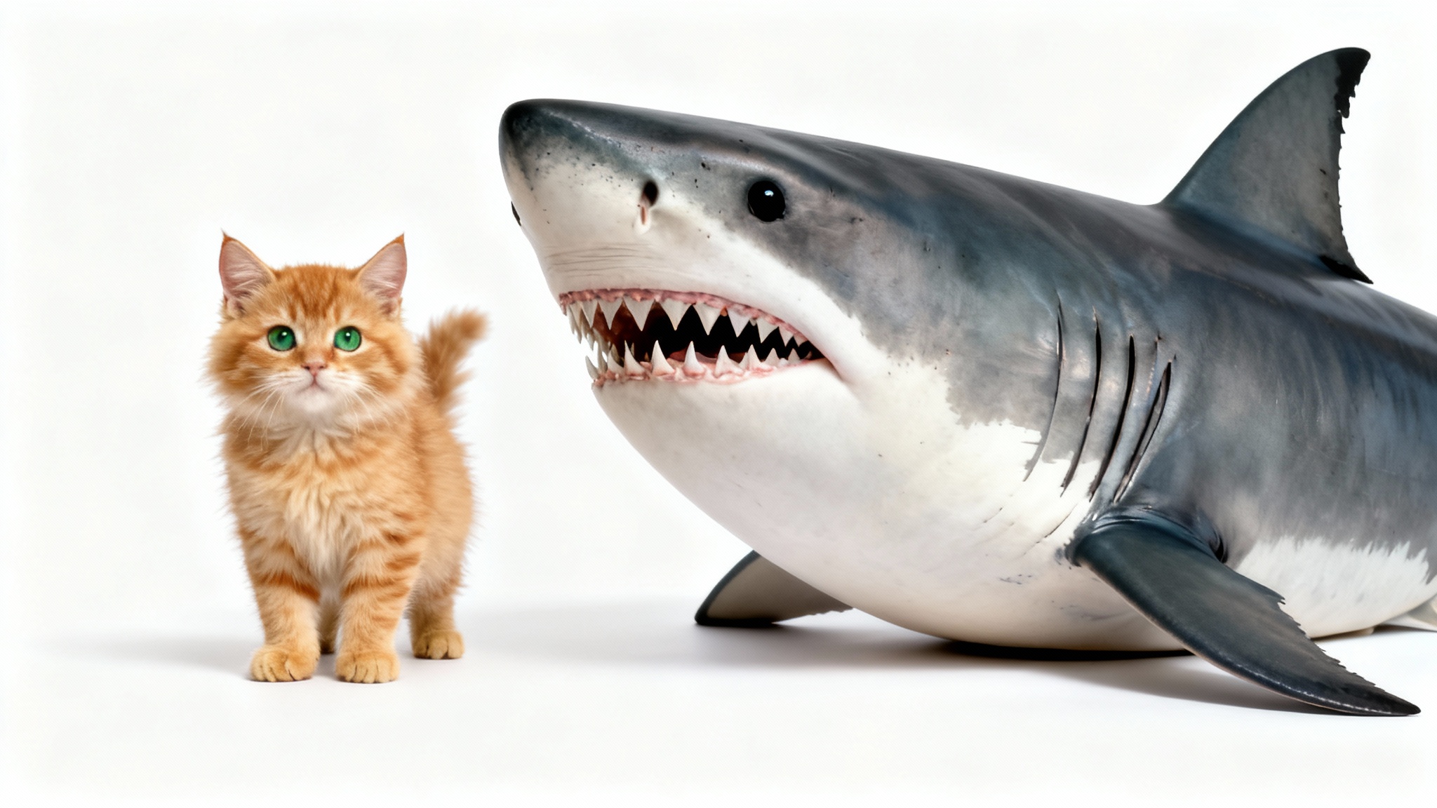 A surreal and funny image of an animal body swap, showing a cat's body with a shark's head next to a shark's body with a cat's head, against a clean white background.