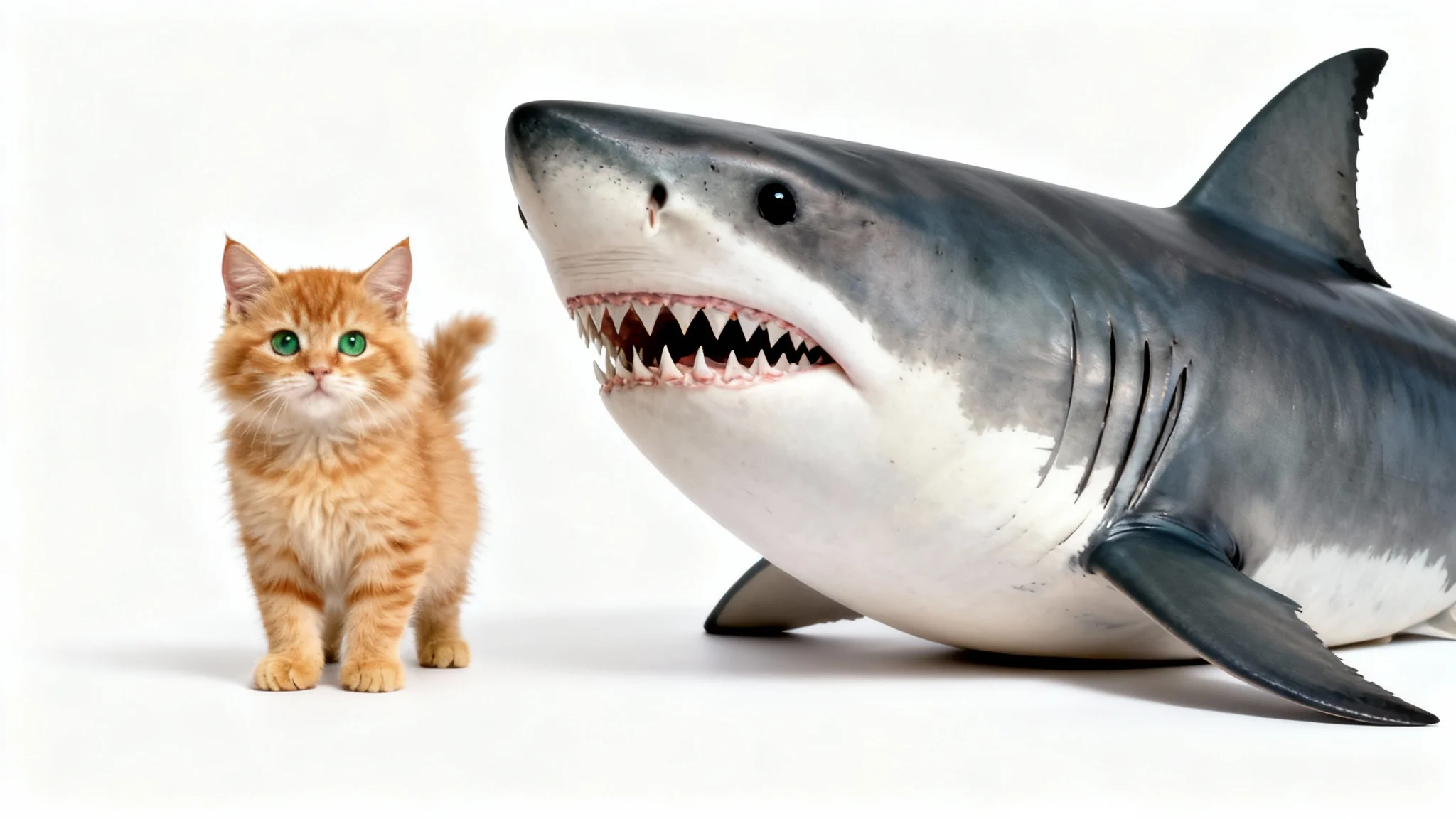 A surreal and funny image of an animal body swap, showing a cat's body with a shark's head next to a shark's body with a cat's head, against a clean white background.