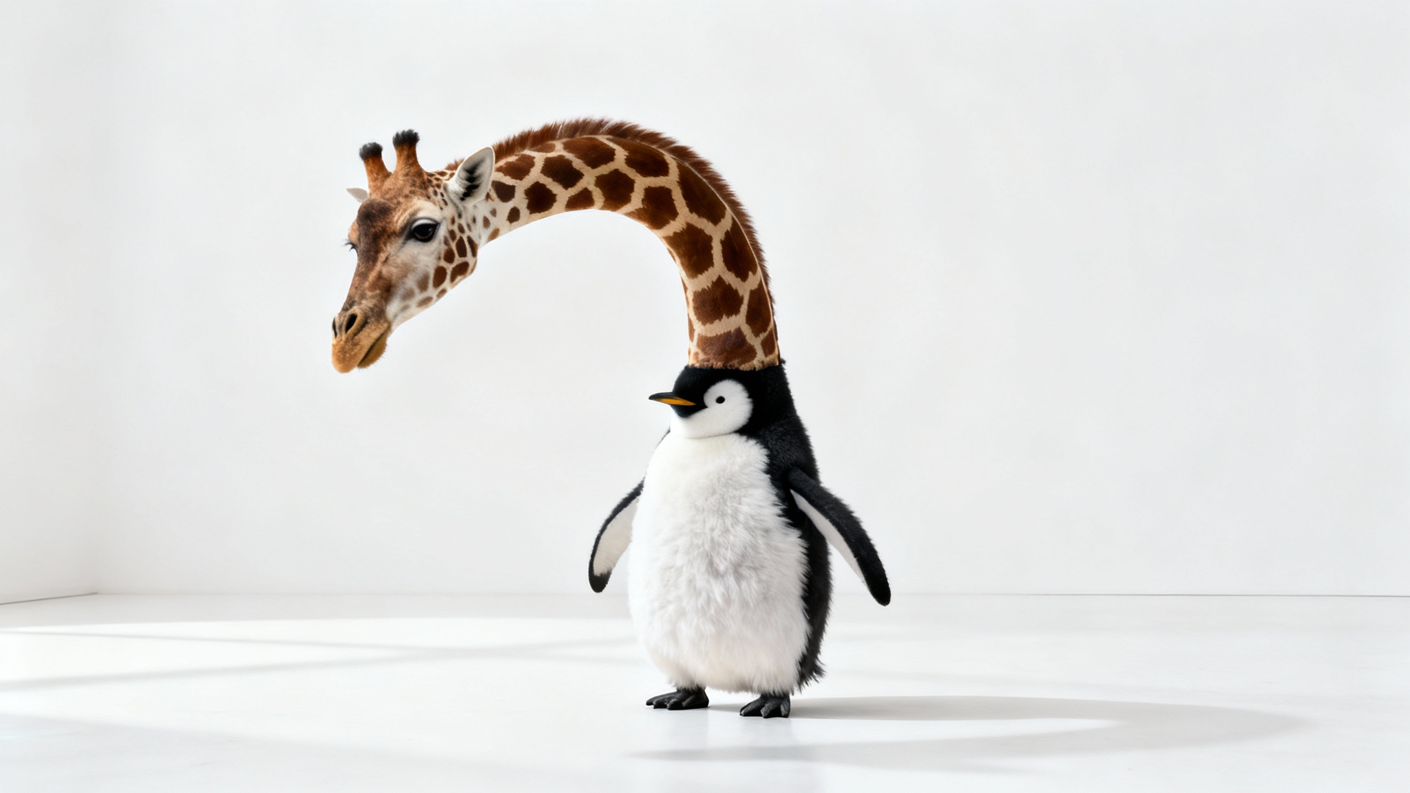 A photorealistic image of a surreal animal hybrid: a giraffe's head and long neck are attached to a penguin's body, set against a plain white background.