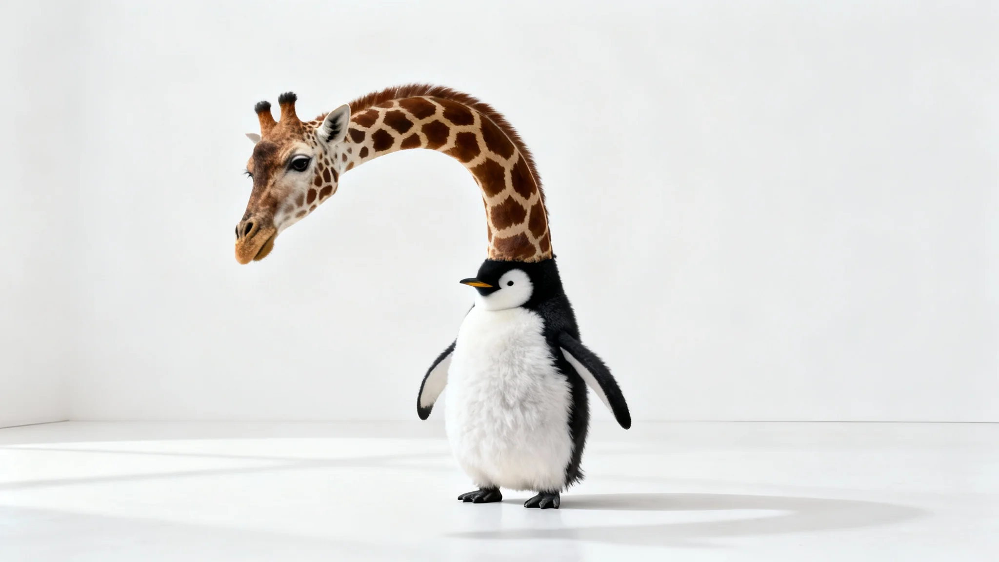 A photorealistic image of a surreal animal hybrid: a giraffe's head and long neck are attached to a penguin's body, set against a plain white background.