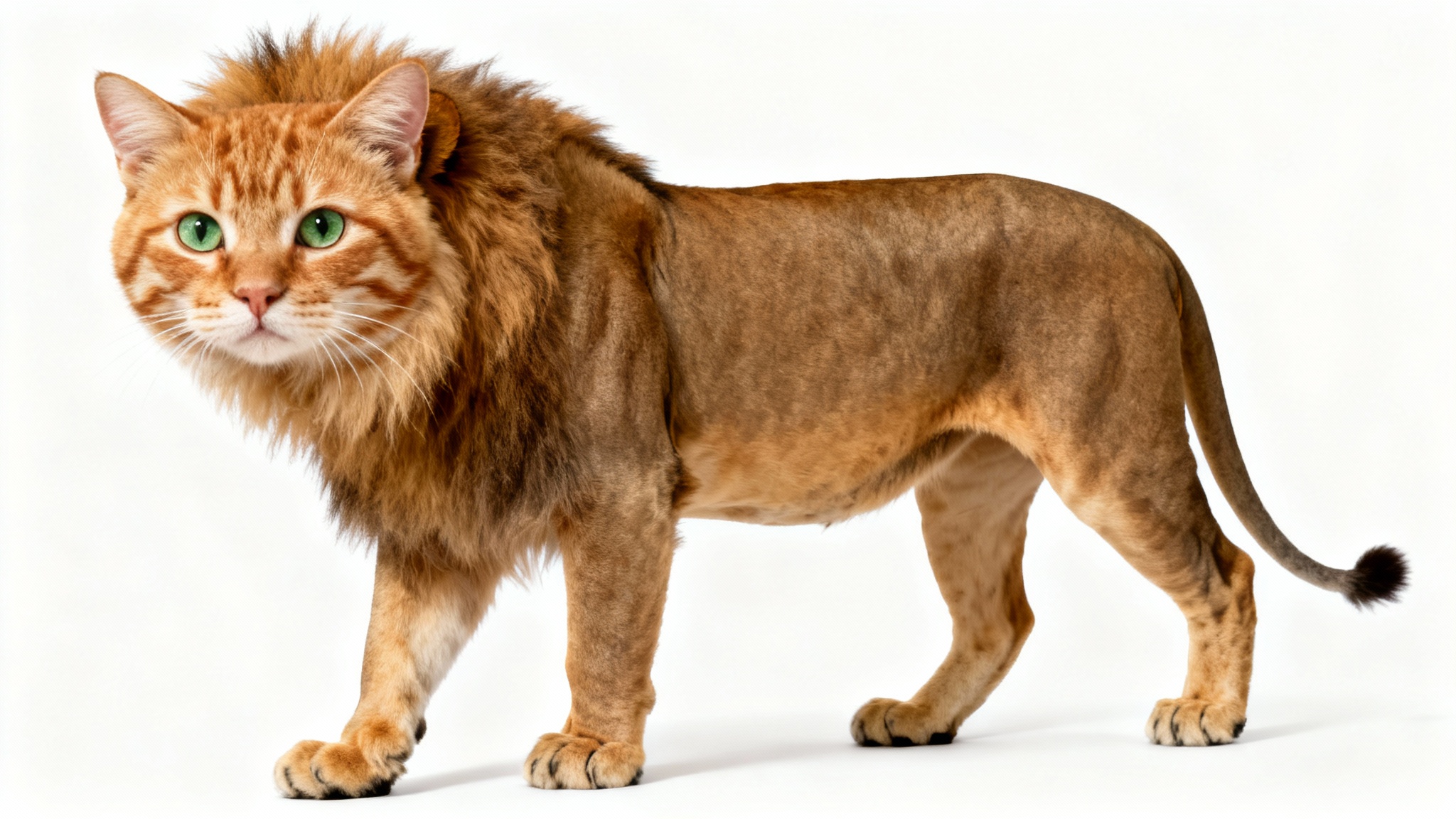 A humorous, digitally created image showing an animal body swap: the head of a ginger cat is on the powerful body of a lion, set against a plain white background.